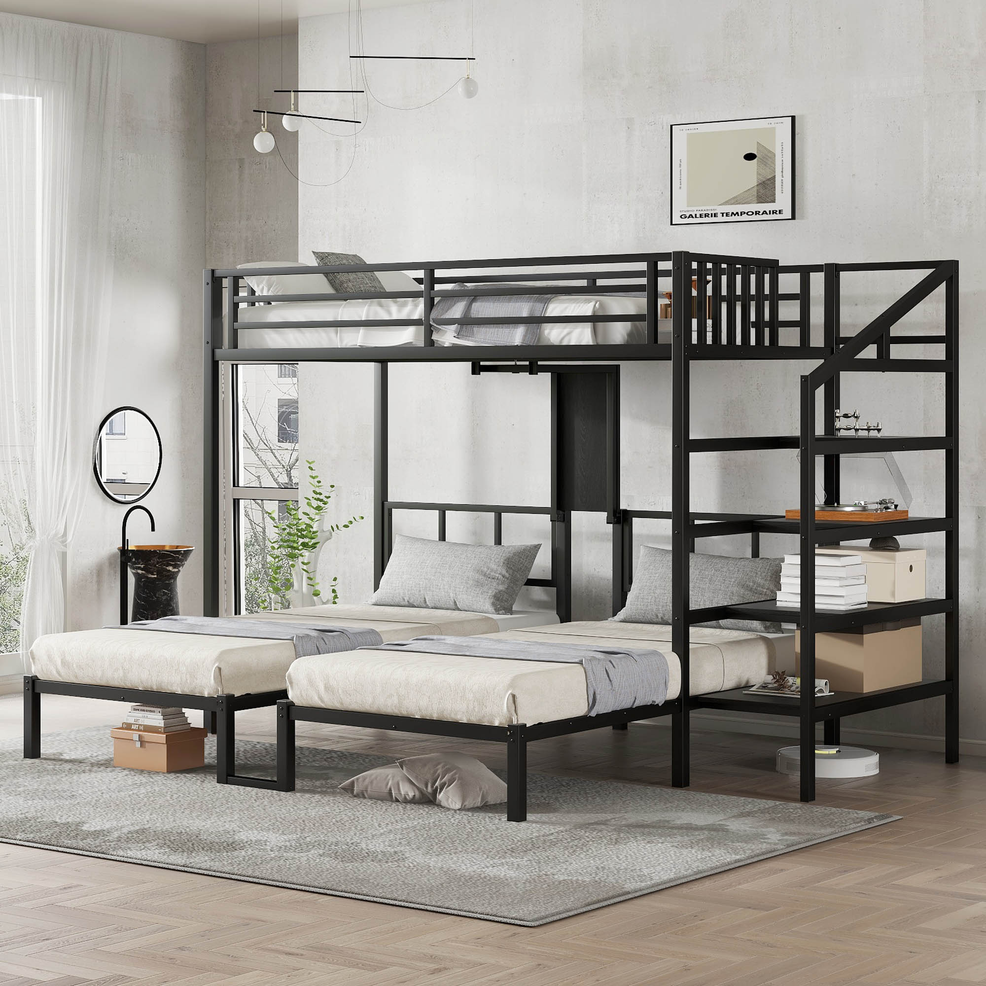 Twin over Twin & Twin Bunk Beds for 3, Twin XL over Twin & Twin Bunk Bed Metal Triple Bunk Bed with Desk & Shelves, Space Saving/Noise Reduction, Black - Image 3