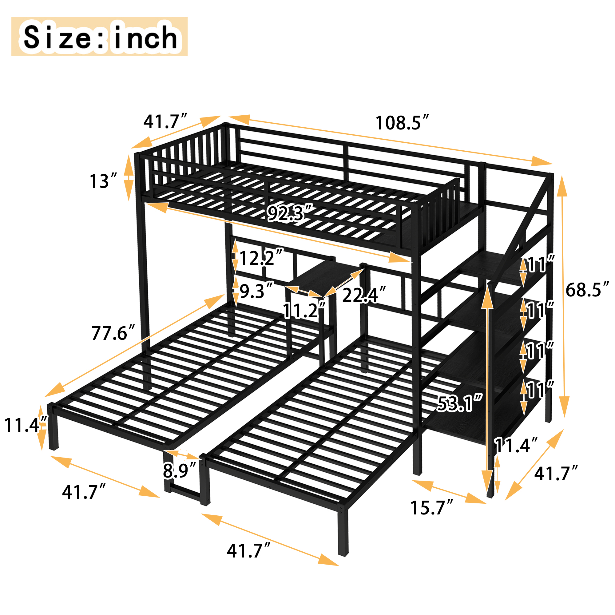 Twin over Twin & Twin Bunk Beds for 3, Twin XL over Twin & Twin Bunk Bed Metal Triple Bunk Bed with Desk & Shelves, Space Saving/Noise Reduction, Black - Image 4