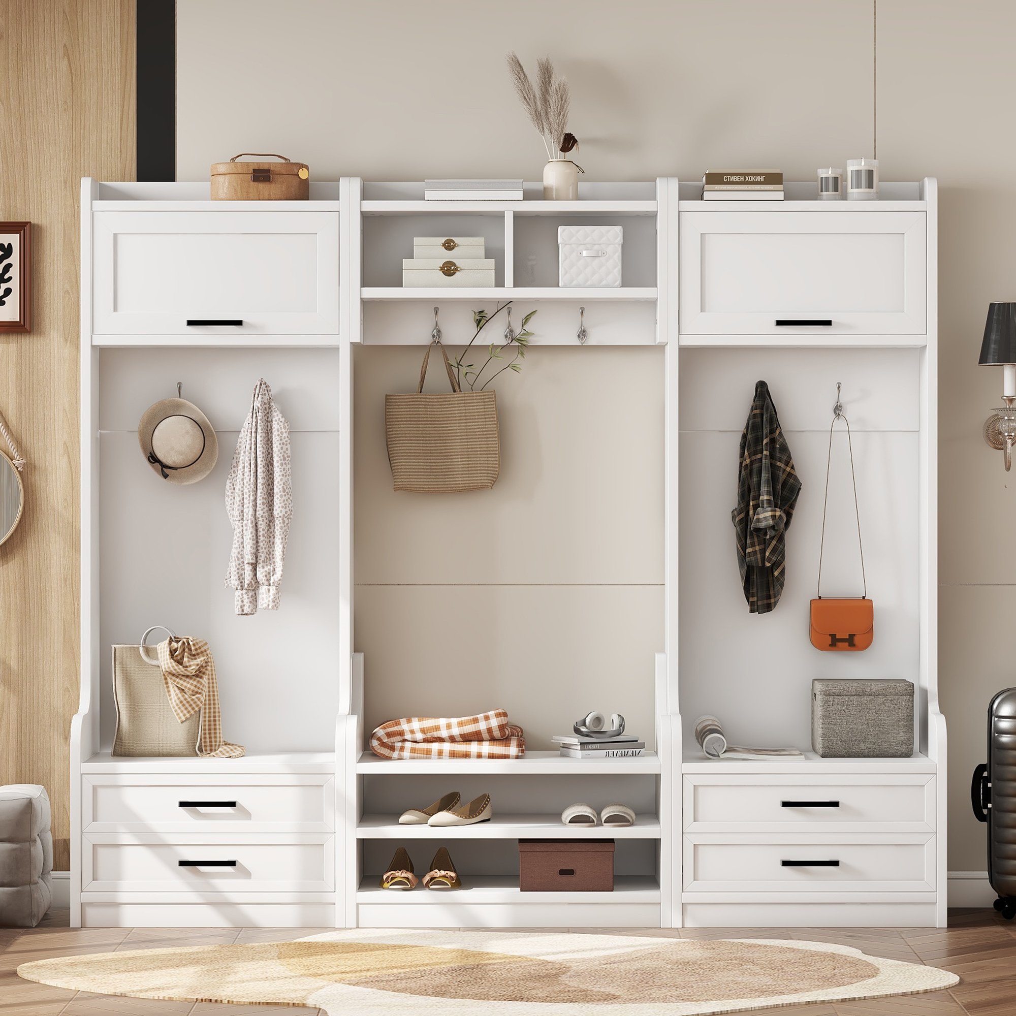 4-in-1 Detachable Hall Tree with Storage and 7 Hooks, Multiple Functions Hallway Coat Rack with Storage Drawers and Cabinet, White Shoe Bench for Entryway Hallway - Image 2