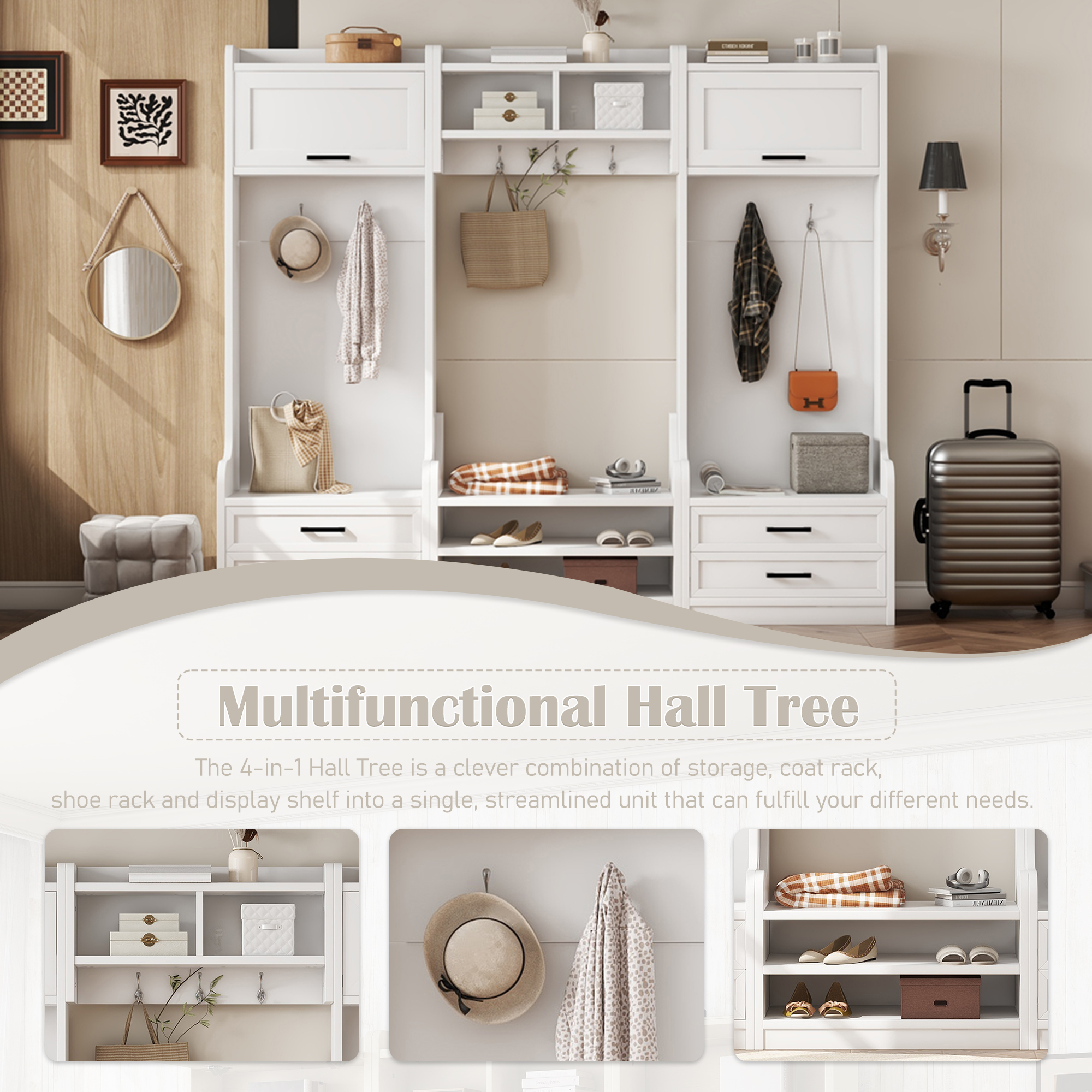 4-in-1 Detachable Hall Tree with Storage and 7 Hooks, Multiple Functions Hallway Coat Rack with Storage Drawers and Cabinet, White Shoe Bench for Entryway Hallway - Image 3