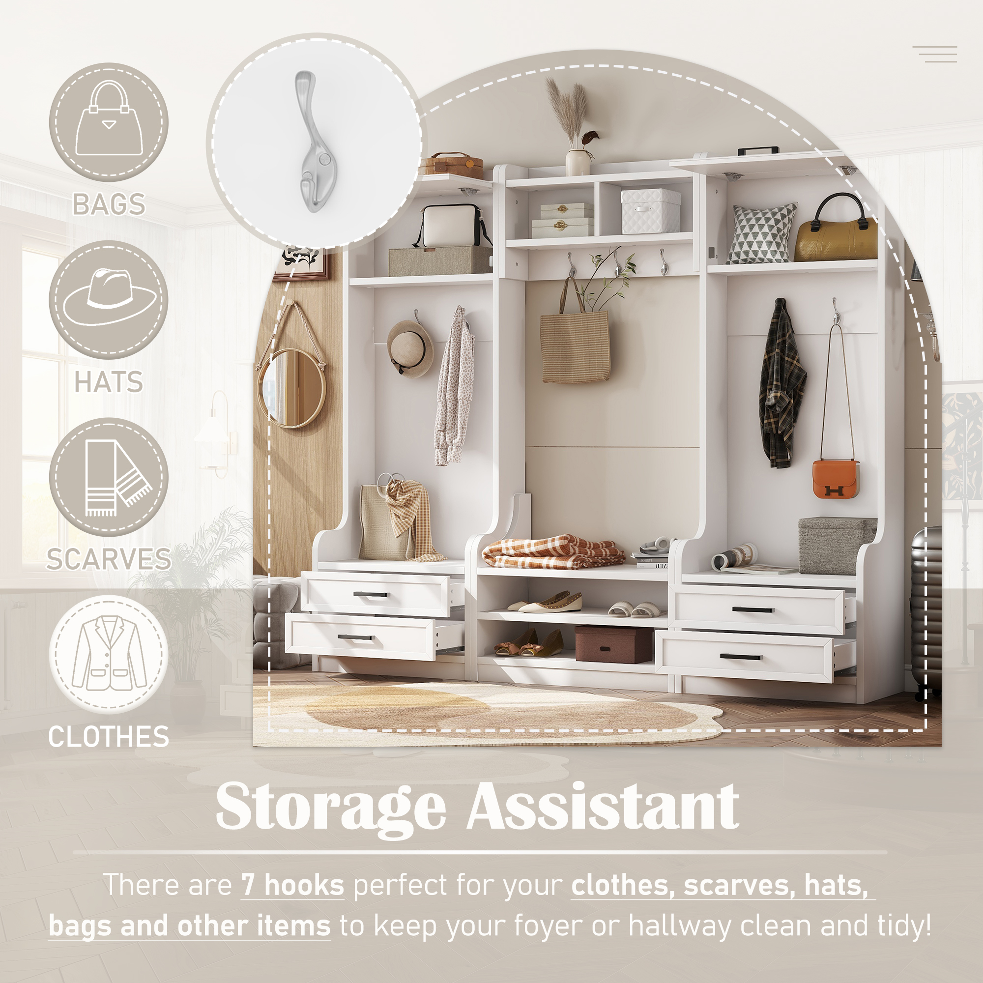 4-in-1 Detachable Hall Tree with Storage and 7 Hooks, Multiple Functions Hallway Coat Rack with Storage Drawers and Cabinet, White Shoe Bench for Entryway Hallway - Image 4