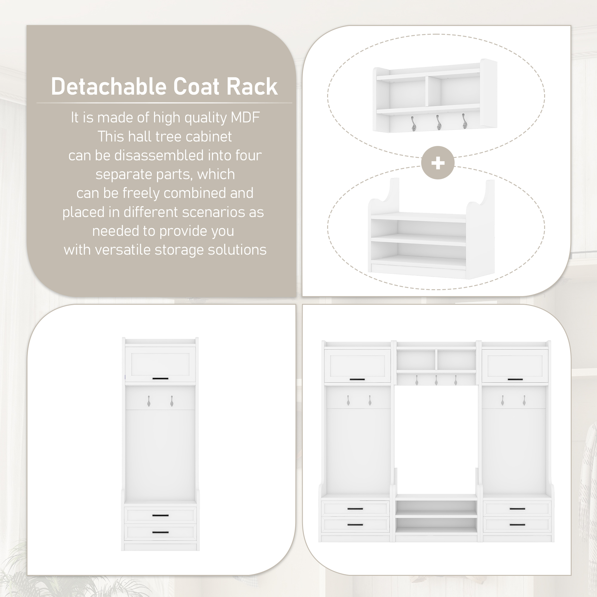 4-in-1 Detachable Hall Tree with Storage and 7 Hooks, Multiple Functions Hallway Coat Rack with Storage Drawers and Cabinet, White Shoe Bench for Entryway Hallway - Image 5