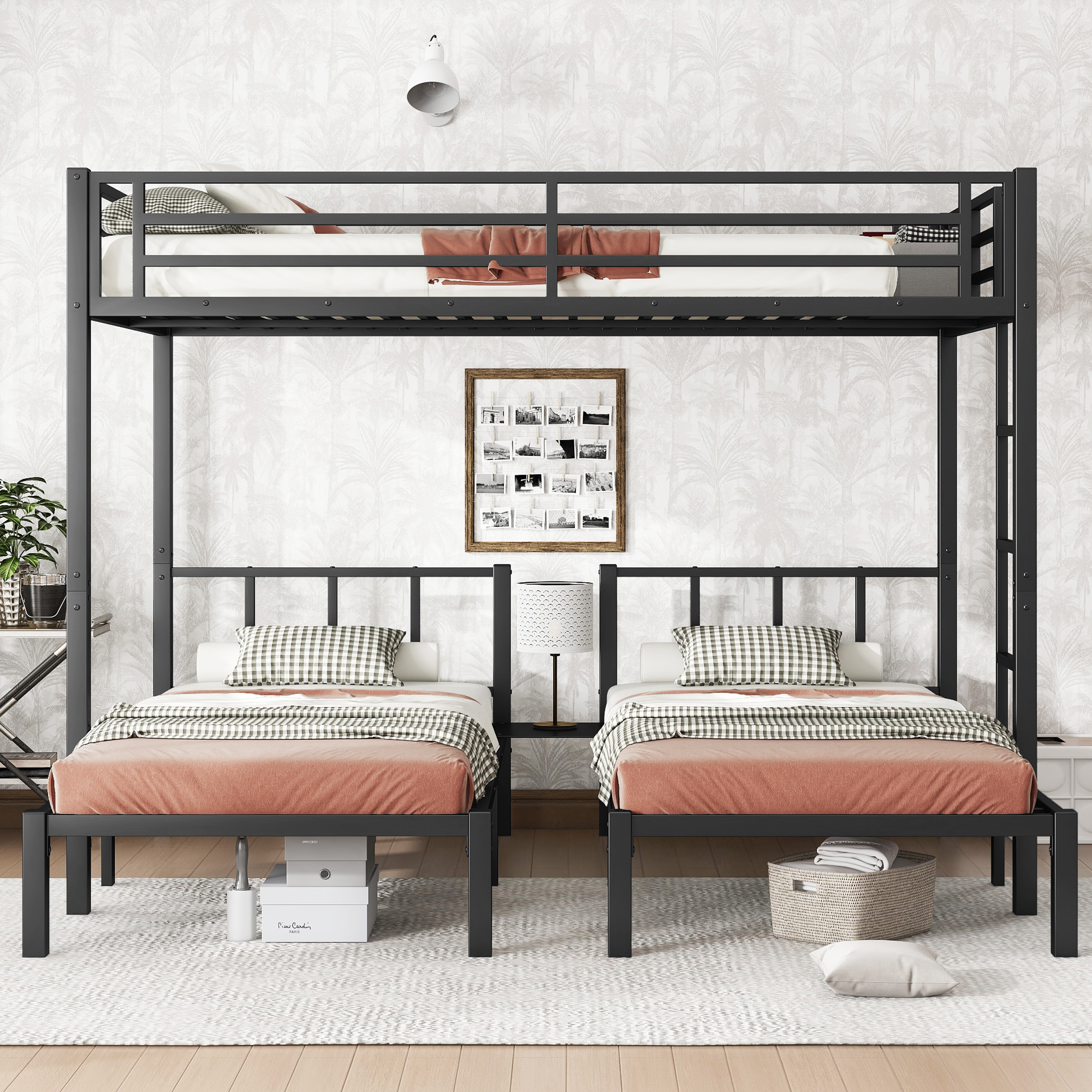 Twin over Twin & Queen Bunk Bed, Metal Triple Bunk Bed with Safety Guardrails,Space-Saving/Noise Reduced,Black - Image 2