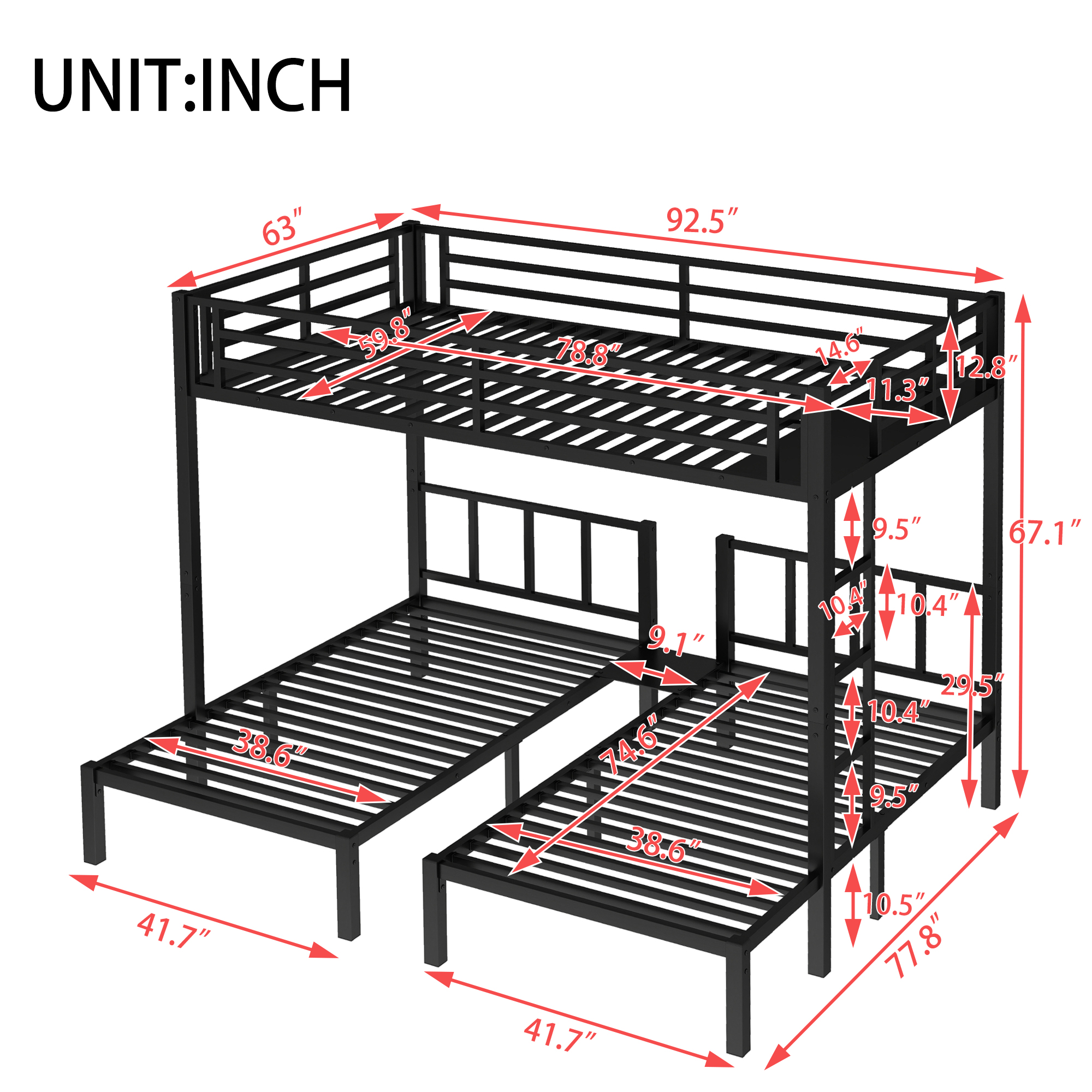 Twin over Twin & Queen Bunk Bed, Metal Triple Bunk Bed with Safety Guardrails,Space-Saving/Noise Reduced,Black - Image 3