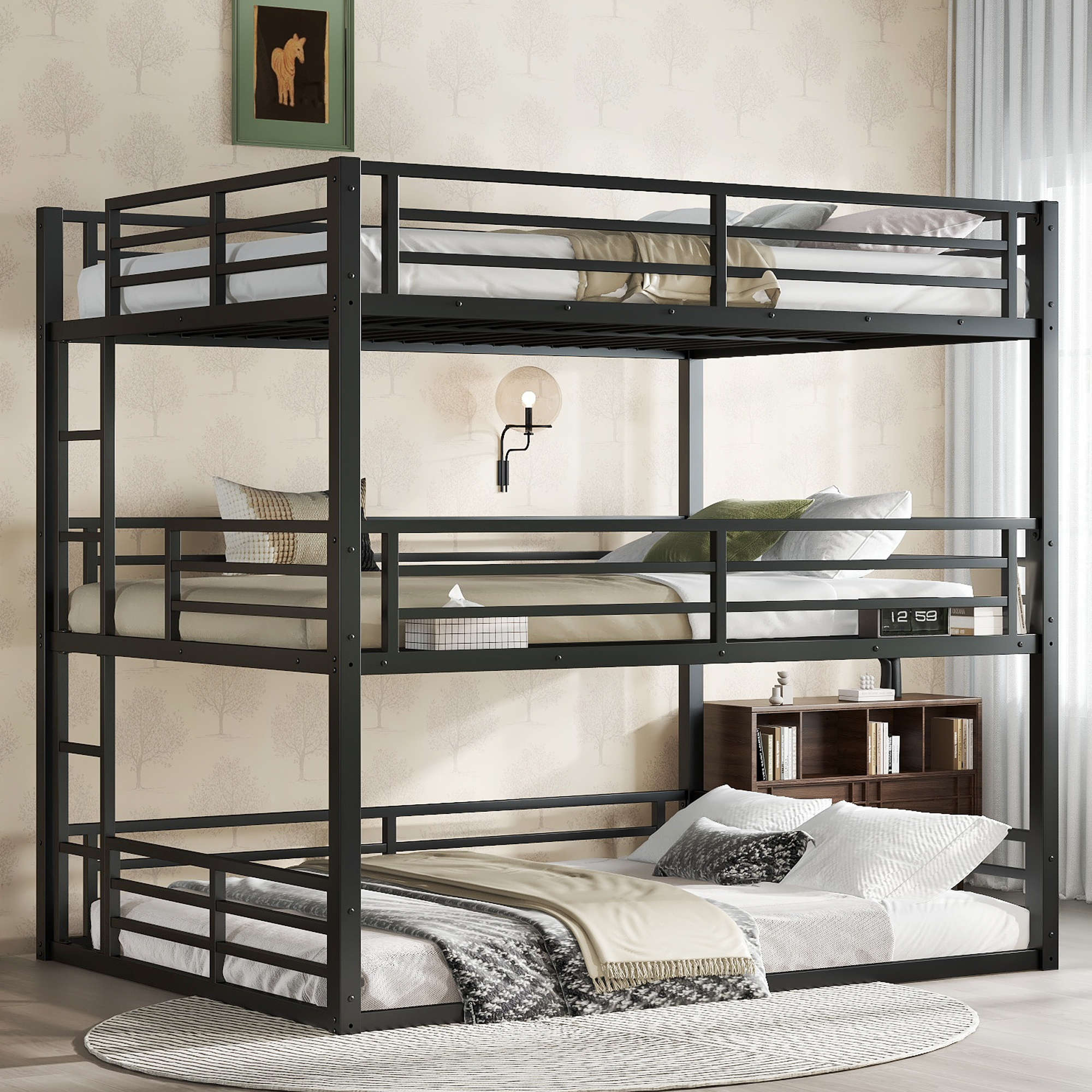 Queen over Full XL over Queen Bunk Bed, Metal Triple Bunk Bed with Safety Guardrails, Heavy-duty Bunk Bed with Noise-reduced Design, Black