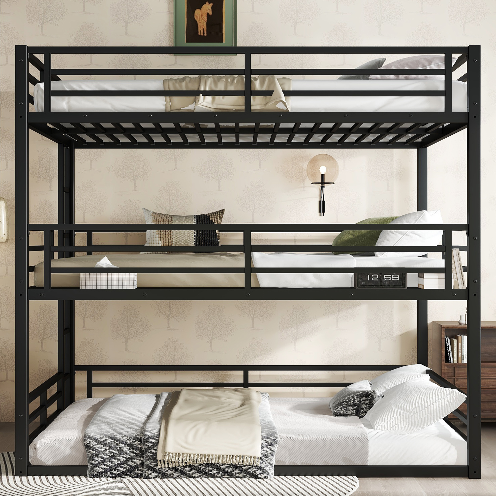 Queen over Full XL over Queen Bunk Bed, Metal Triple Bunk Bed with Safety Guardrails, Heavy-duty Bunk Bed with Noise-reduced Design, Black - Image 2
