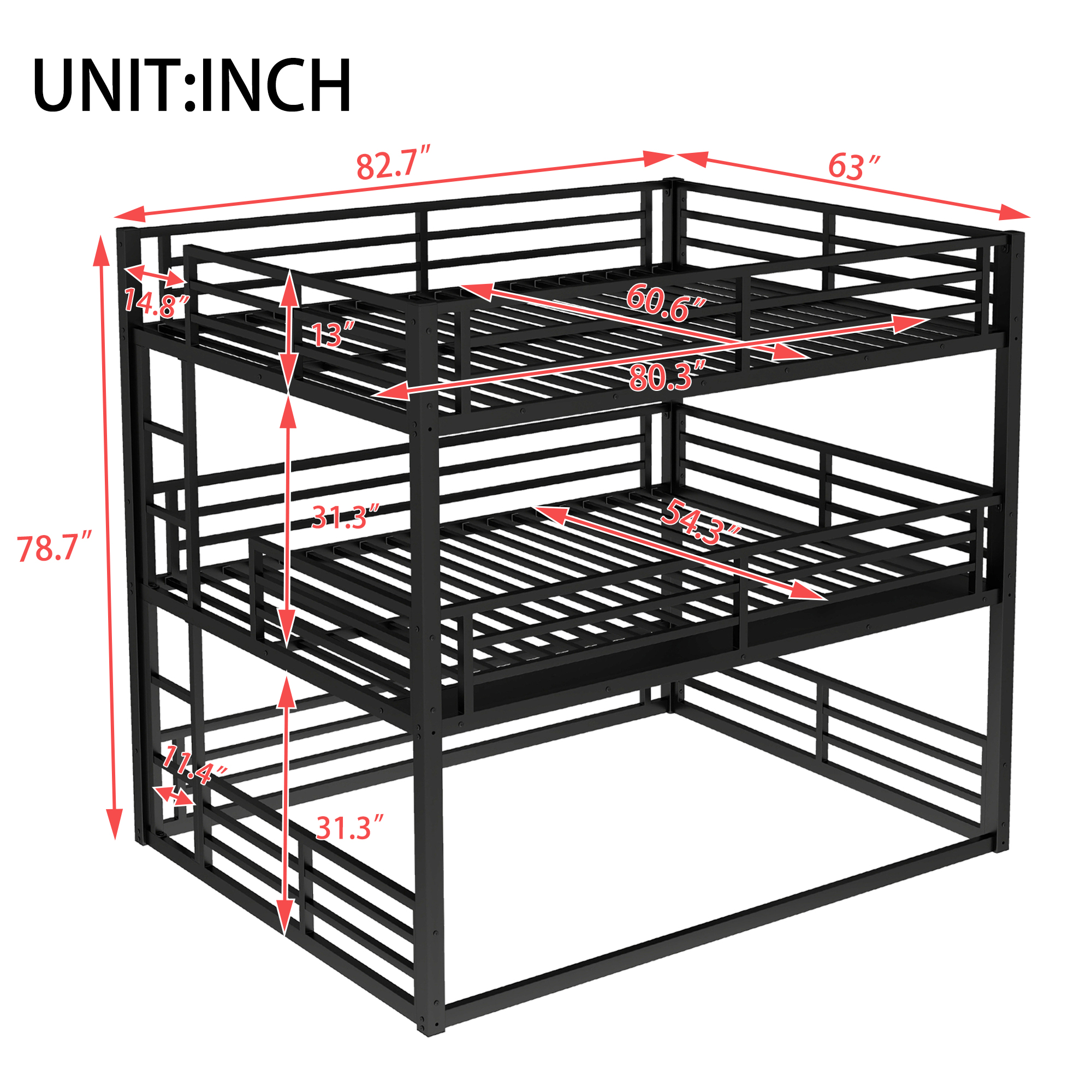 Queen over Full XL over Queen Bunk Bed, Metal Triple Bunk Bed with Safety Guardrails, Heavy-duty Bunk Bed with Noise-reduced Design, Black - Image 3