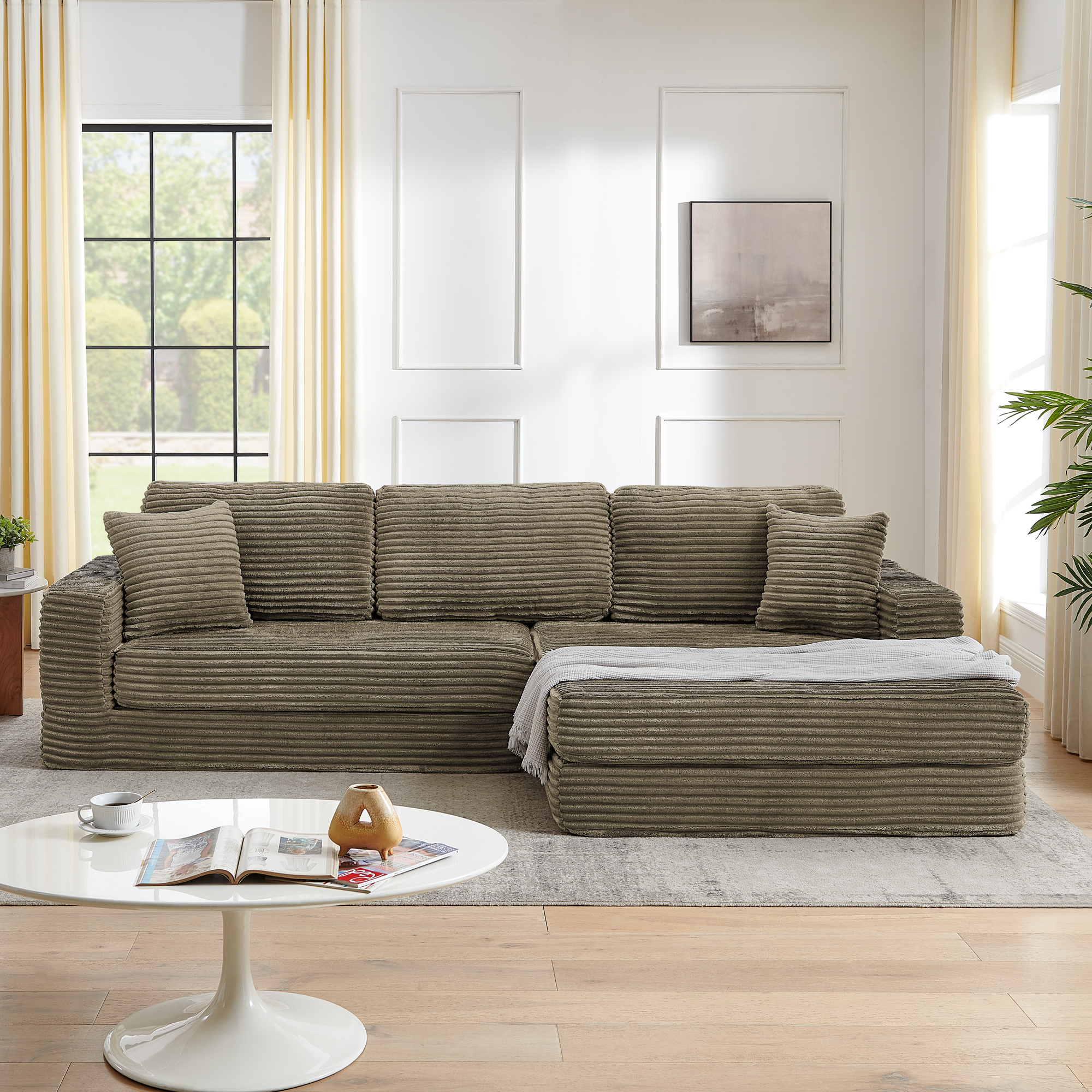 Right sofa seat,L shape Modular Sectional Sofa, Compressed Sectional Sofa Modern Minimalist Style Corduroy Couch,Unfold into a bed, Bedroom, Comfy Compressed Sofa Couch Space-Efficient Design-Brown - Image 2