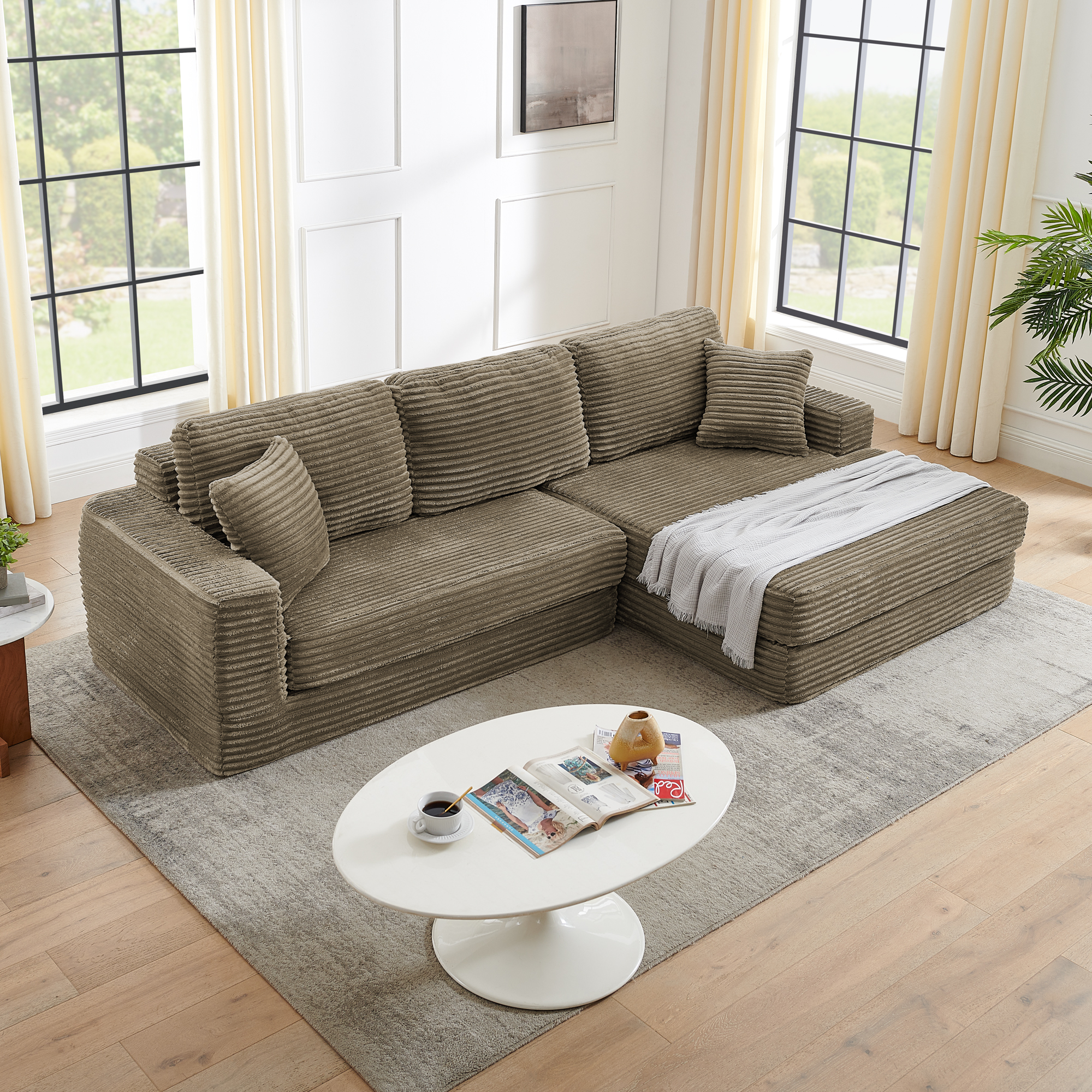 Right sofa seat,L shape Modular Sectional Sofa, Compressed Sectional Sofa Modern Minimalist Style Corduroy Couch,Unfold into a bed, Bedroom, Comfy Compressed Sofa Couch Space-Efficient Design-Brown - Image 3