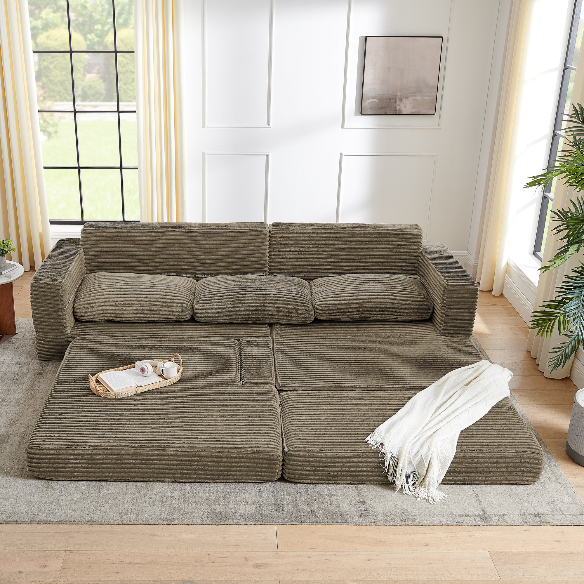 Right sofa seat,L shape Modular Sectional Sofa, Compressed Sectional Sofa Modern Minimalist Style Corduroy Couch,Unfold into a bed, Bedroom, Comfy Compressed Sofa Couch Space-Efficient Design-Brown - Image 4