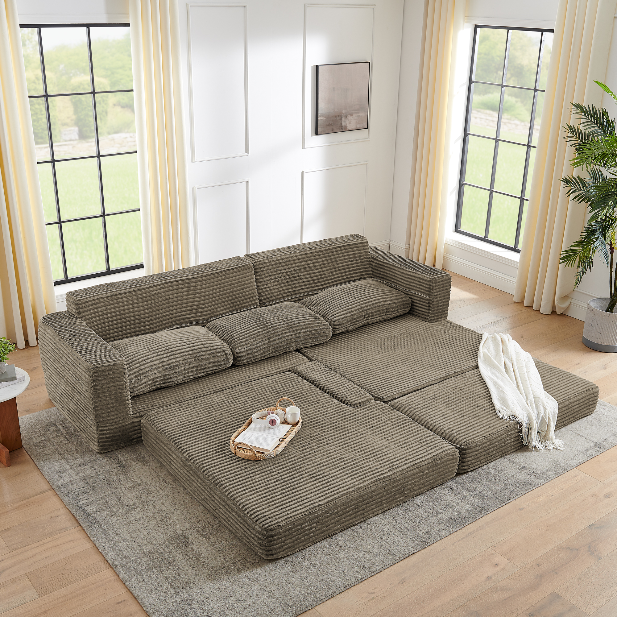 Right sofa seat,L shape Modular Sectional Sofa, Compressed Sectional Sofa Modern Minimalist Style Corduroy Couch,Unfold into a bed, Bedroom, Comfy Compressed Sofa Couch Space-Efficient Design-Brown - Image 5