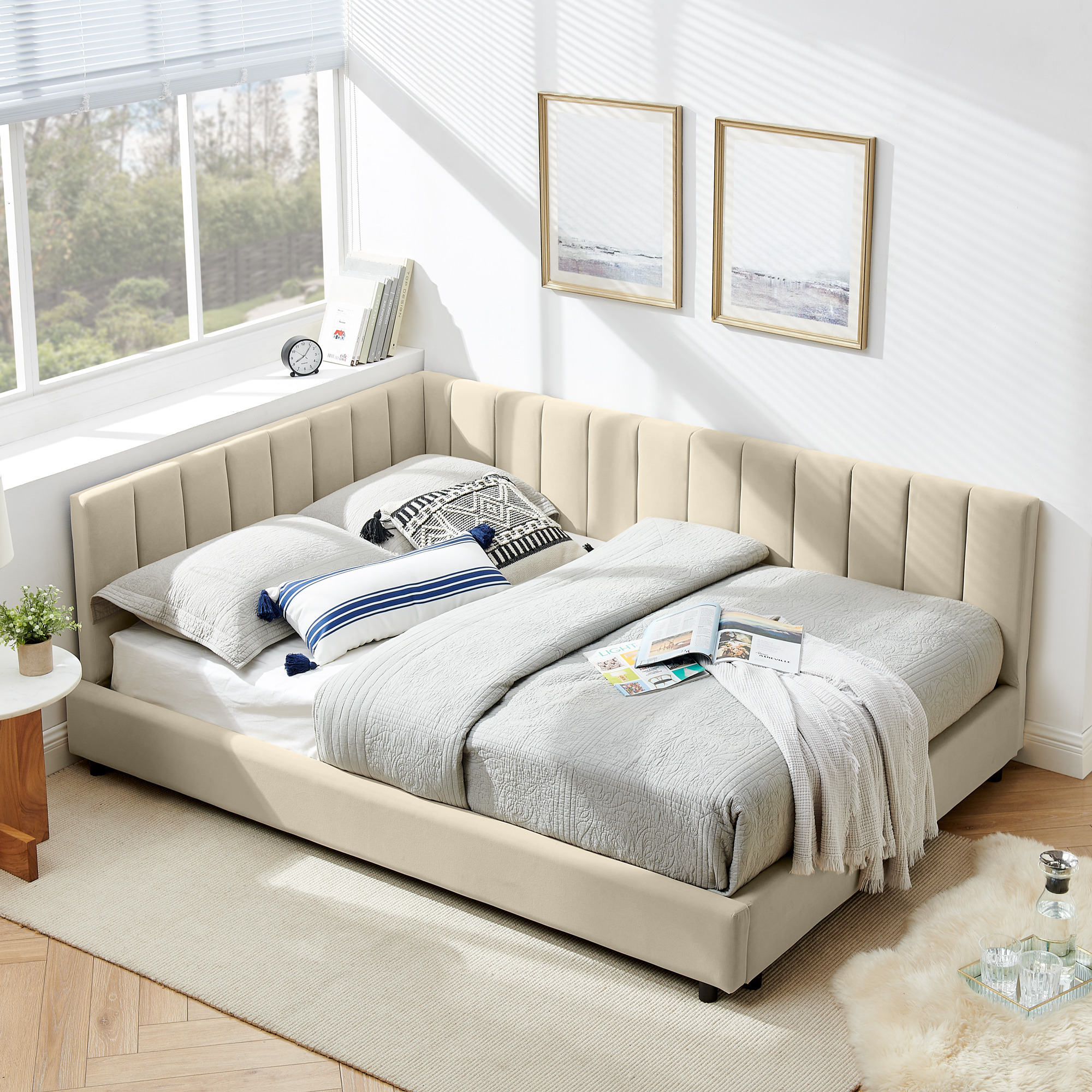 Full Size Upholstered Tufted Bed Frame, Sofa Bed Frame with Comfortable Backrest and Armrests, Full Size Bed for Bedroom, Living Room,Velvet-Beige(81''*60''*29.5'') - Image 1