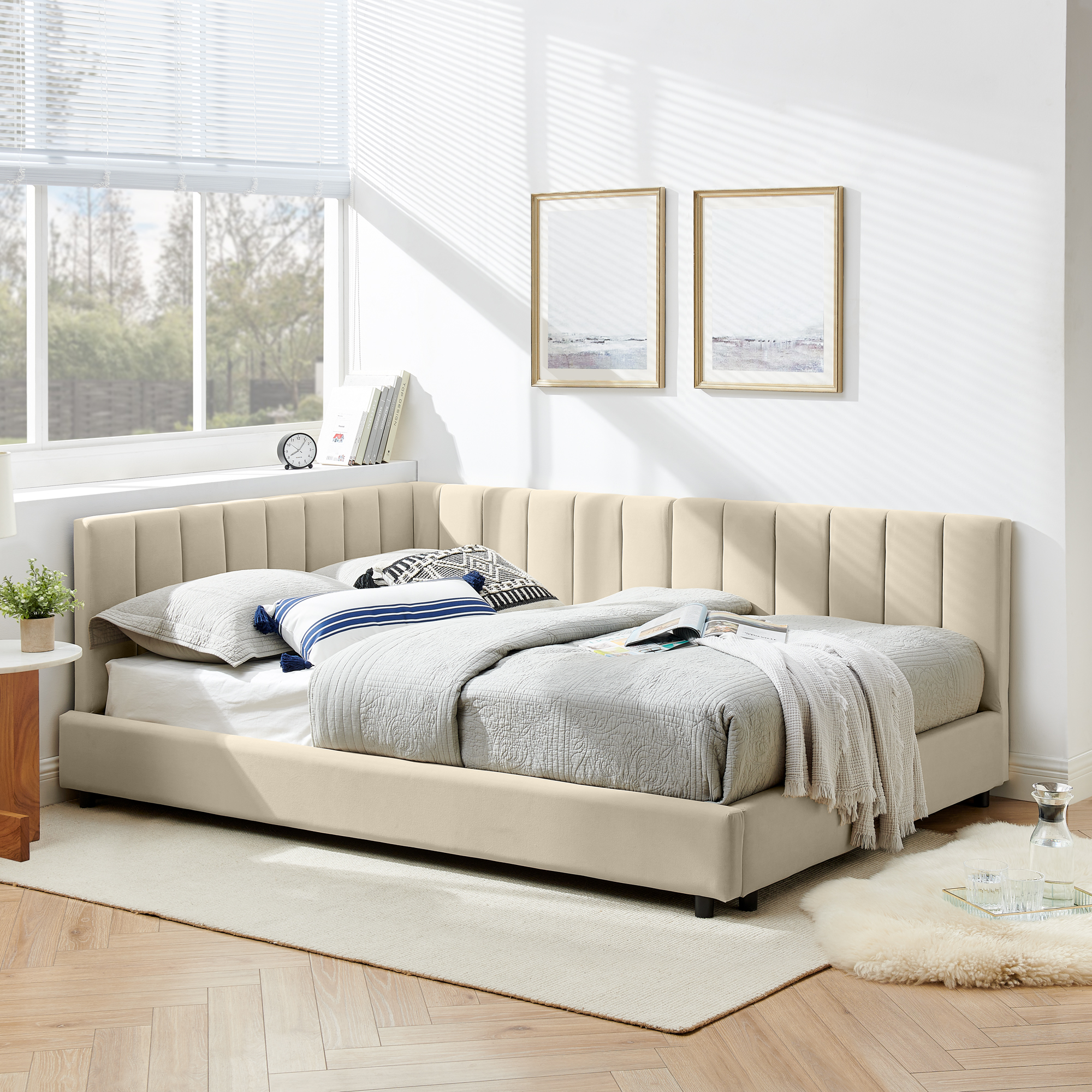 Full Size Upholstered Tufted Bed Frame, Sofa Bed Frame with Comfortable Backrest and Armrests, Full Size Bed for Bedroom, Living Room,Velvet-Beige(81''*60''*29.5'') - Image 2