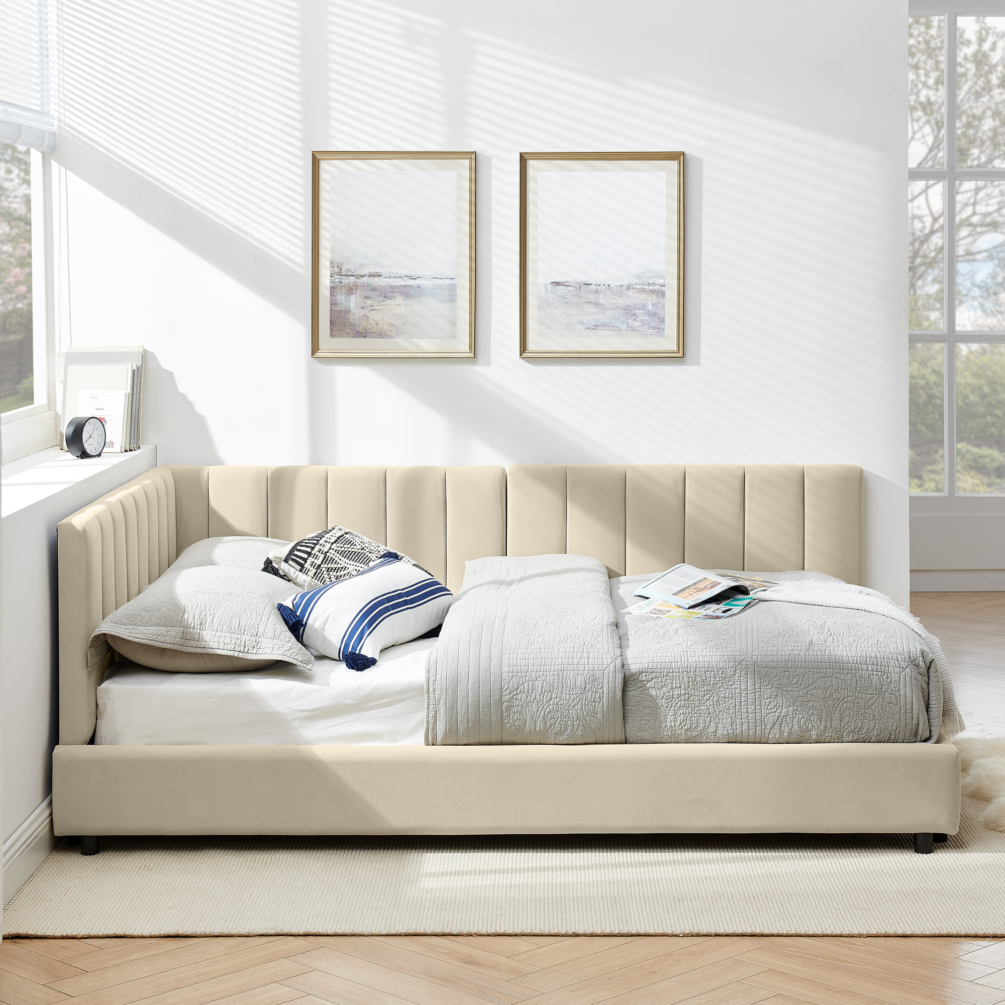 Full Size Upholstered Tufted Bed Frame, Sofa Bed Frame with Comfortable Backrest and Armrests, Full Size Bed for Bedroom, Living Room,Velvet-Beige(81''*60''*29.5'') - Image 3