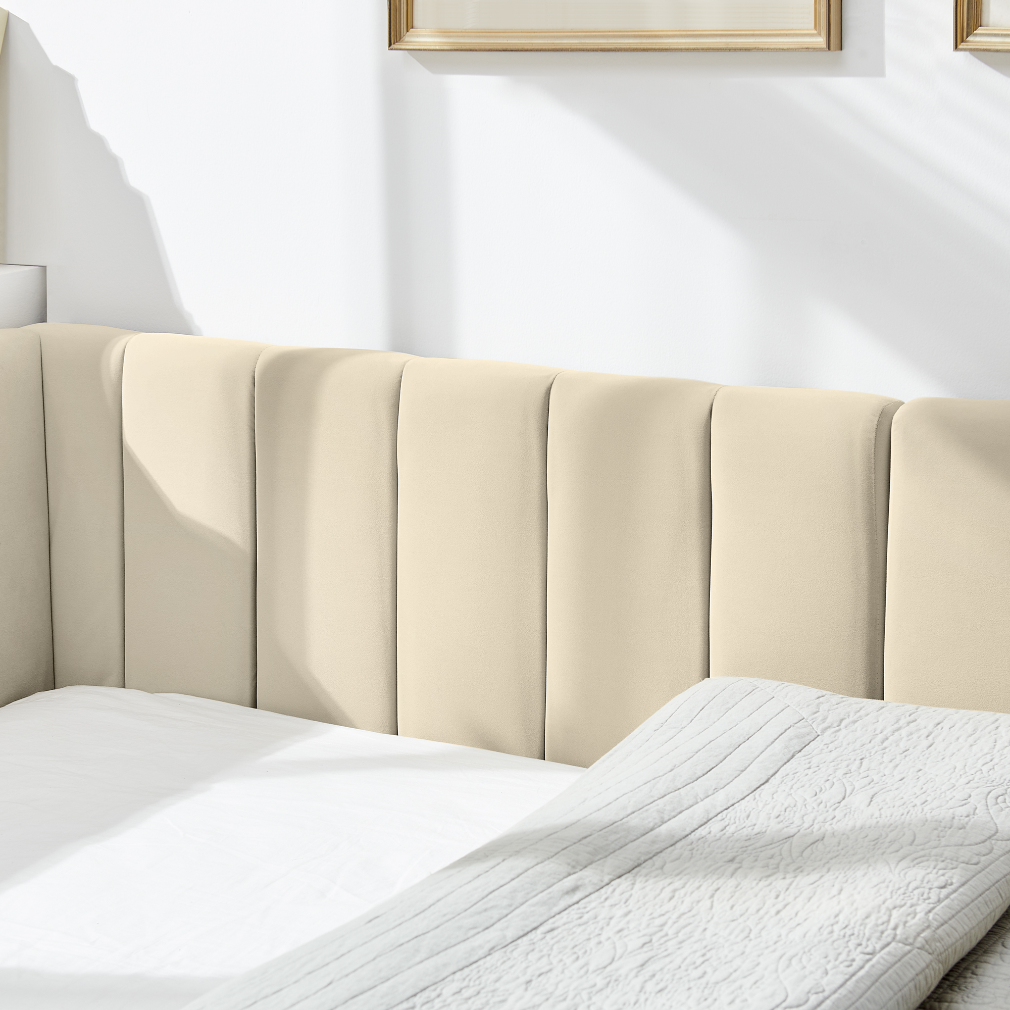 Full Size Upholstered Tufted Bed Frame, Sofa Bed Frame with Comfortable Backrest and Armrests, Full Size Bed for Bedroom, Living Room,Velvet-Beige(81''*60''*29.5'') - Image 4