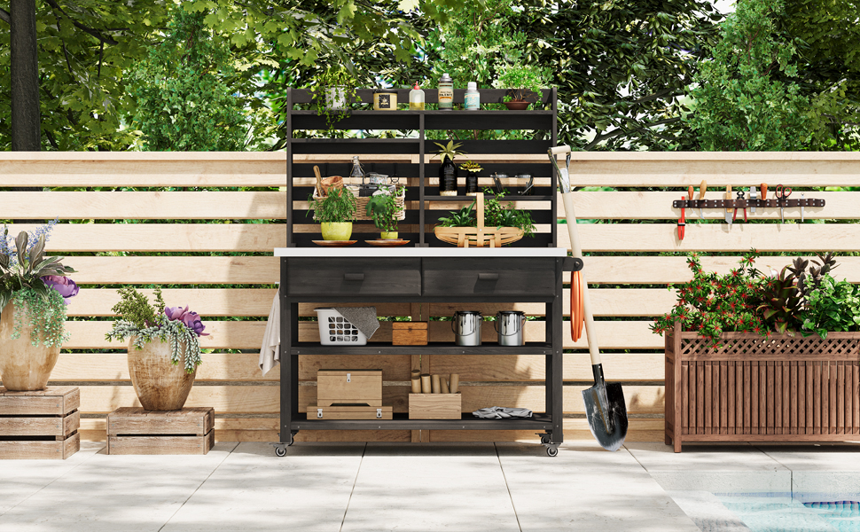 K&K 64.9"H Outdoor Potting Bench Table with Lockable Wheels, Solid Wood Outdoor Kitchen Island with Upper Hutch, Stainless Steel Top, Towel Rack ,Outdoor Storage for Grilling, Lawn Garden -Black - Image 3