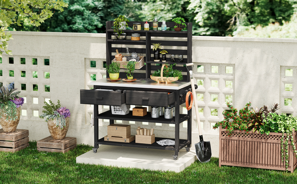 K&K 64.9"H Outdoor Potting Bench Table with Lockable Wheels, Solid Wood Outdoor Kitchen Island with Upper Hutch, Stainless Steel Top, Towel Rack ,Outdoor Storage for Grilling, Lawn Garden -Black - Image 2