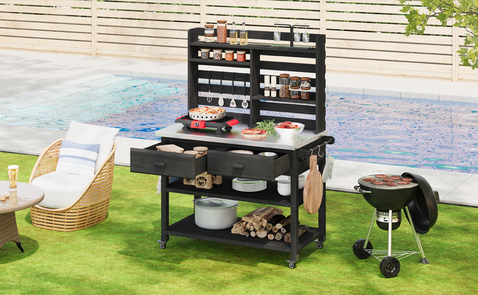 K&K 64.9"H Outdoor Potting Bench Table with Lockable Wheels, Solid Wood Outdoor Kitchen Island with Upper Hutch, Stainless Steel Top, Towel Rack ,Outdoor Storage for Grilling, Lawn Garden -Black - Image 4