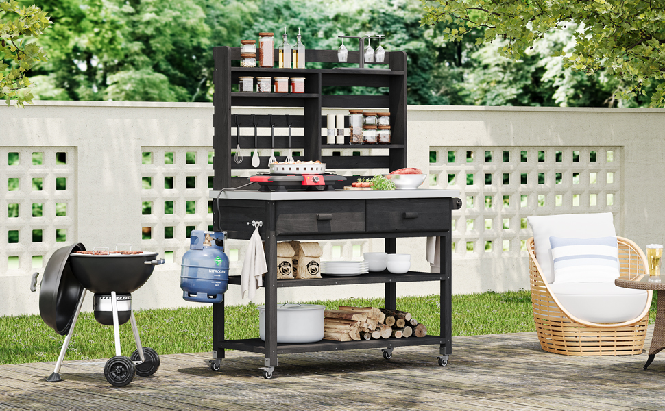 K&K 64.9"H Outdoor Potting Bench Table with Lockable Wheels, Solid Wood Outdoor Kitchen Island with Upper Hutch, Stainless Steel Top, Towel Rack ,Outdoor Storage for Grilling, Lawn Garden -Black - Image 5