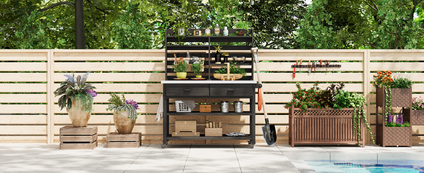 K&K 64.9"H Outdoor Potting Bench Table with Lockable Wheels, Solid Wood Outdoor Kitchen Island with Upper Hutch, Stainless Steel Top, Towel Rack ,Outdoor Storage for Grilling, Lawn Garden -Black - Image 6