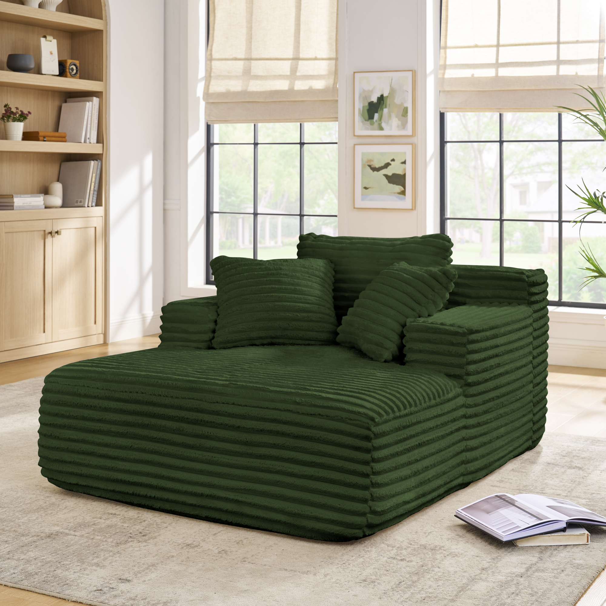 Living Room Compressed Chaise Lounge Foam Sofa bed, Fluffy Corduroy Upholstered Cloud Couch with Deep Seat, Green - Image 2
