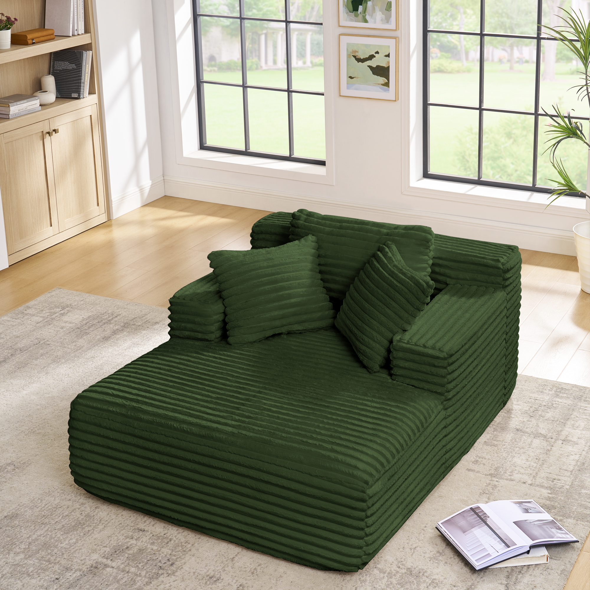 Living Room Compressed Chaise Lounge Foam Sofa bed, Fluffy Corduroy Upholstered Cloud Couch with Deep Seat, Green - Image 3