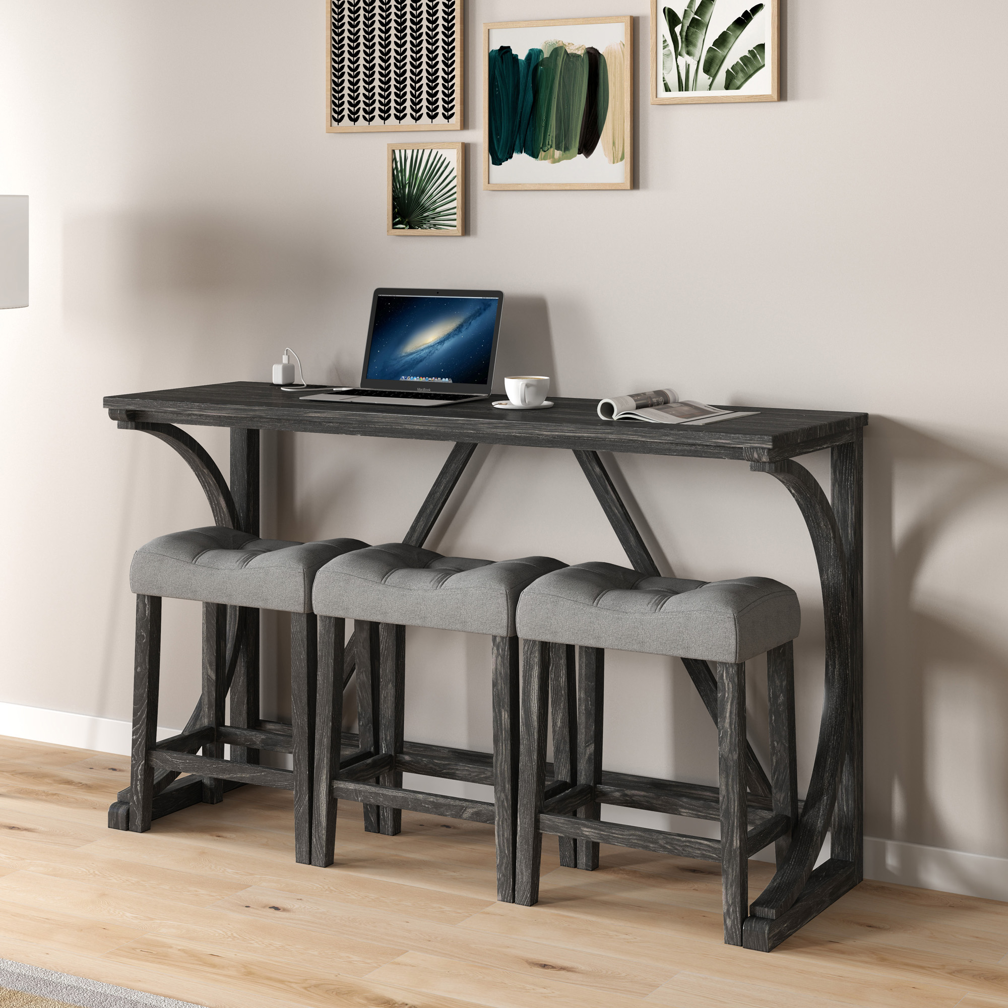 Bar Table Set with Power Outlet, Bar Table and Chairs Set, 4 Piece Dining Table Set, Industrial Breakfast Table Set, for Living Room, Dining Room, Game Room - Image 2
