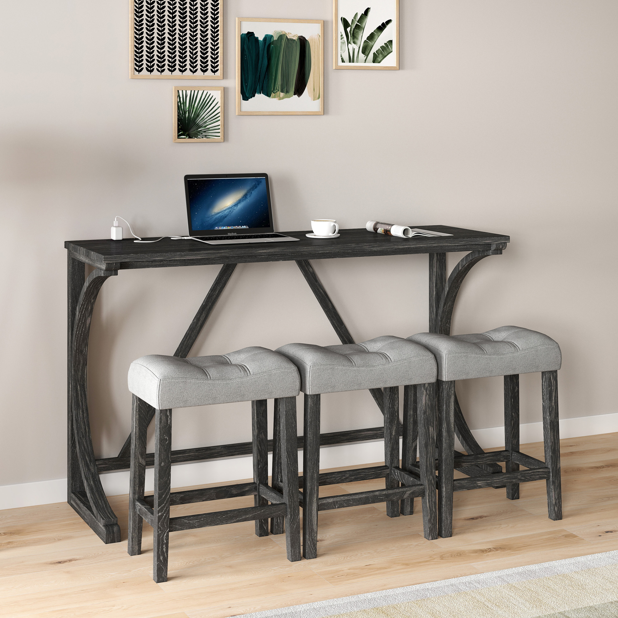 Bar Table Set with Power Outlet, Bar Table and Chairs Set, 4 Piece Dining Table Set, Industrial Breakfast Table Set, for Living Room, Dining Room, Game Room - Image 3