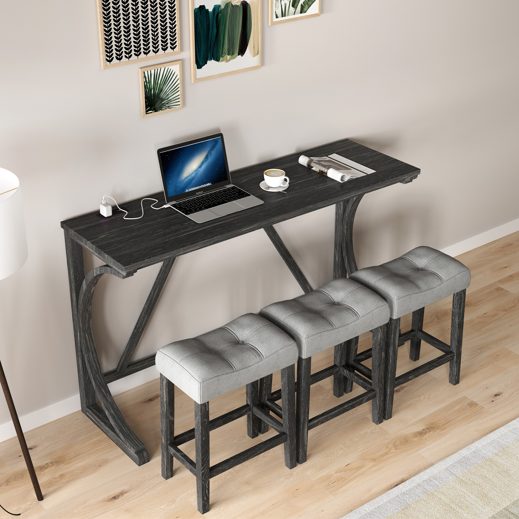 Bar Table Set with Power Outlet, Bar Table and Chairs Set, 4 Piece Dining Table Set, Industrial Breakfast Table Set, for Living Room, Dining Room, Game Room - Image 4