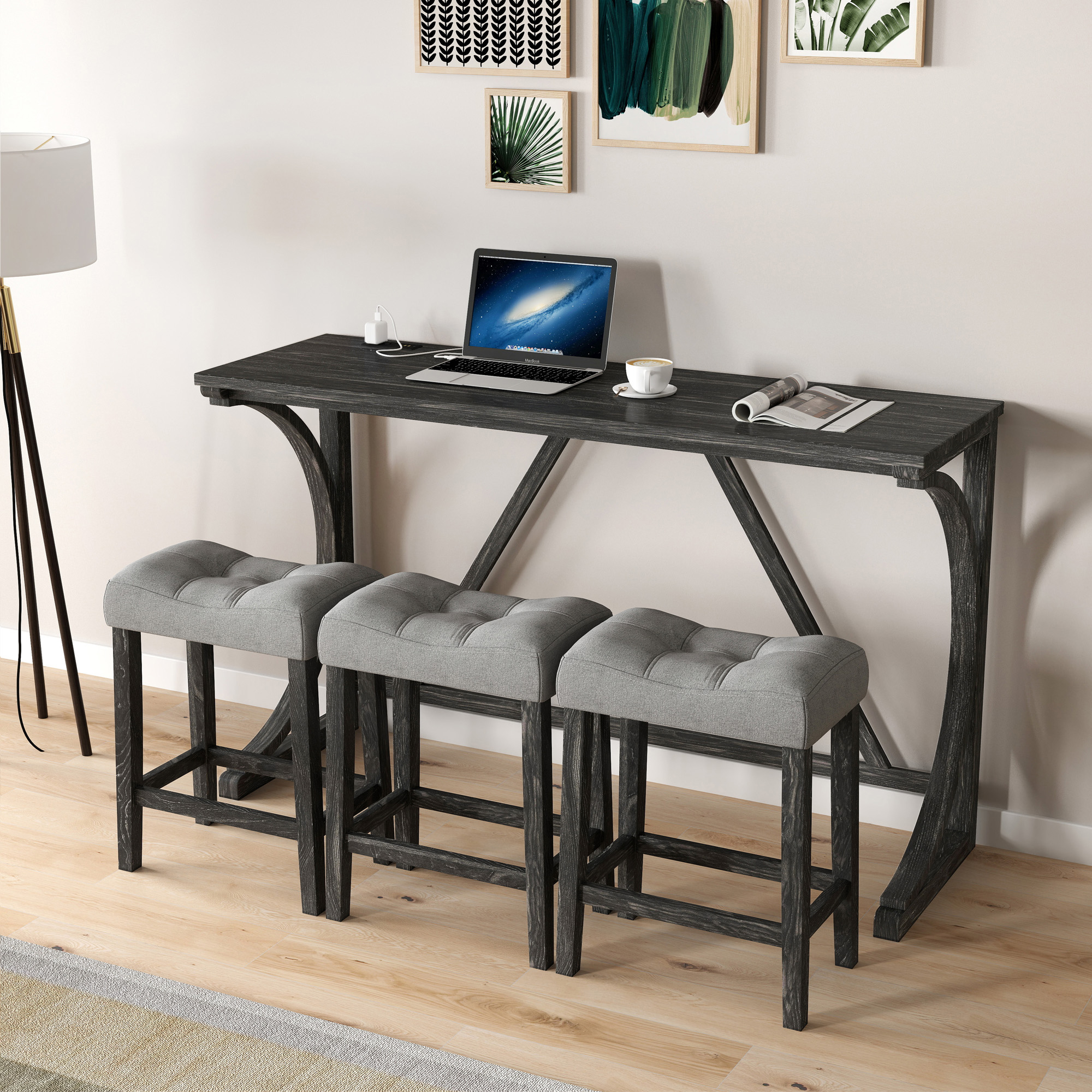 Bar Table Set with Power Outlet, Bar Table and Chairs Set, 4 Piece Dining Table Set, Industrial Breakfast Table Set, for Living Room, Dining Room, Game Room - Image 6