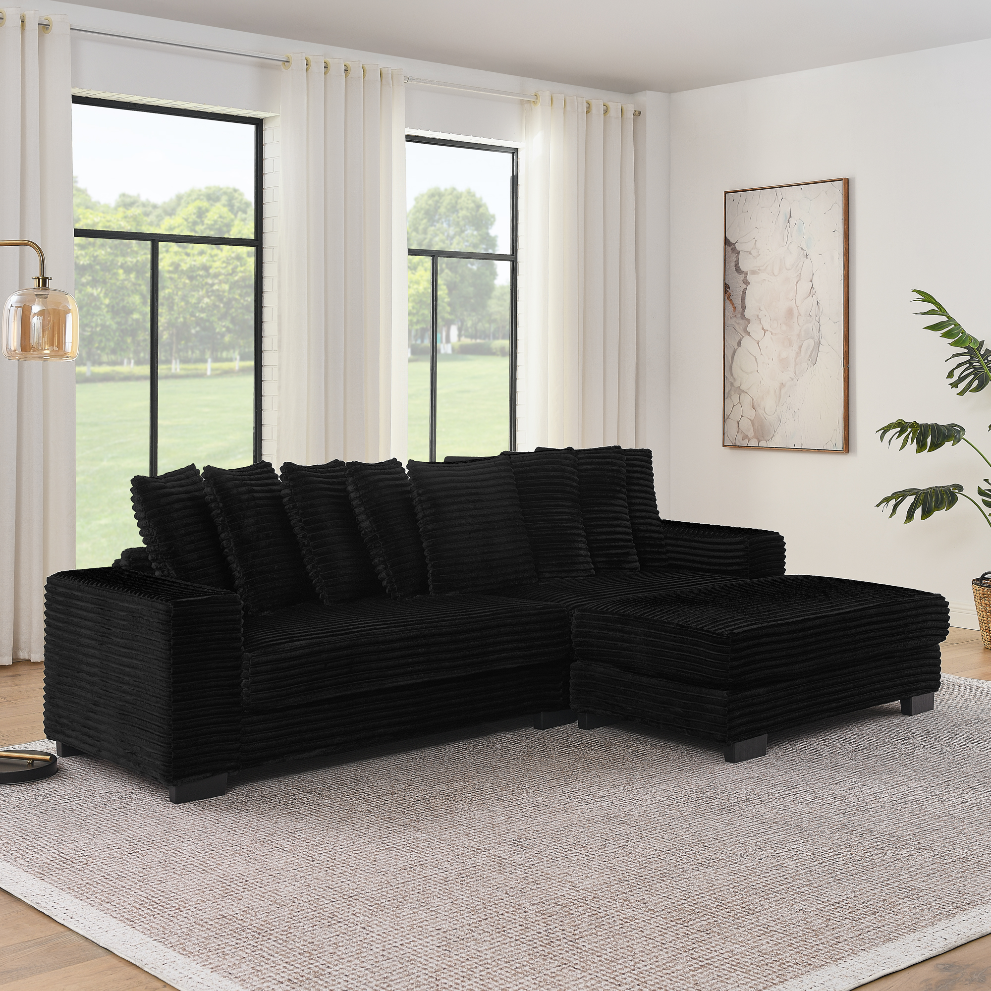 Corduroy Tufted Upholstered Sleeper Sectional Sofa, L-Shaped Modular Convertible Sofa , Can freely change the position of the footrests-Black(Assembly is required) - Image 1