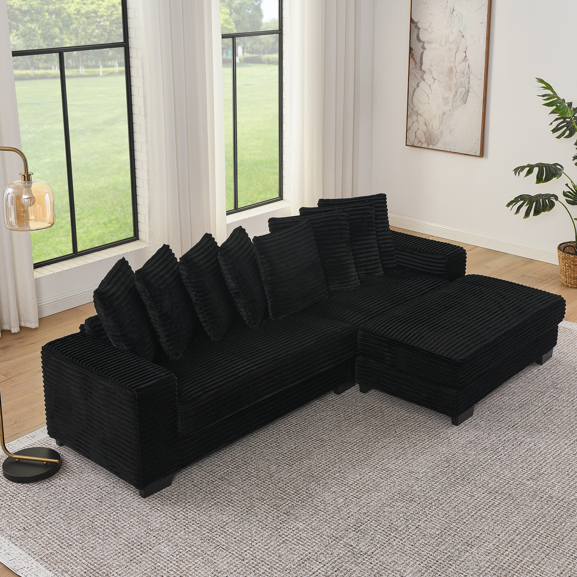 Corduroy Tufted Upholstered Sleeper Sectional Sofa, L-Shaped Modular Convertible Sofa , Can freely change the position of the footrests-Black(Assembly is required) - Image 2