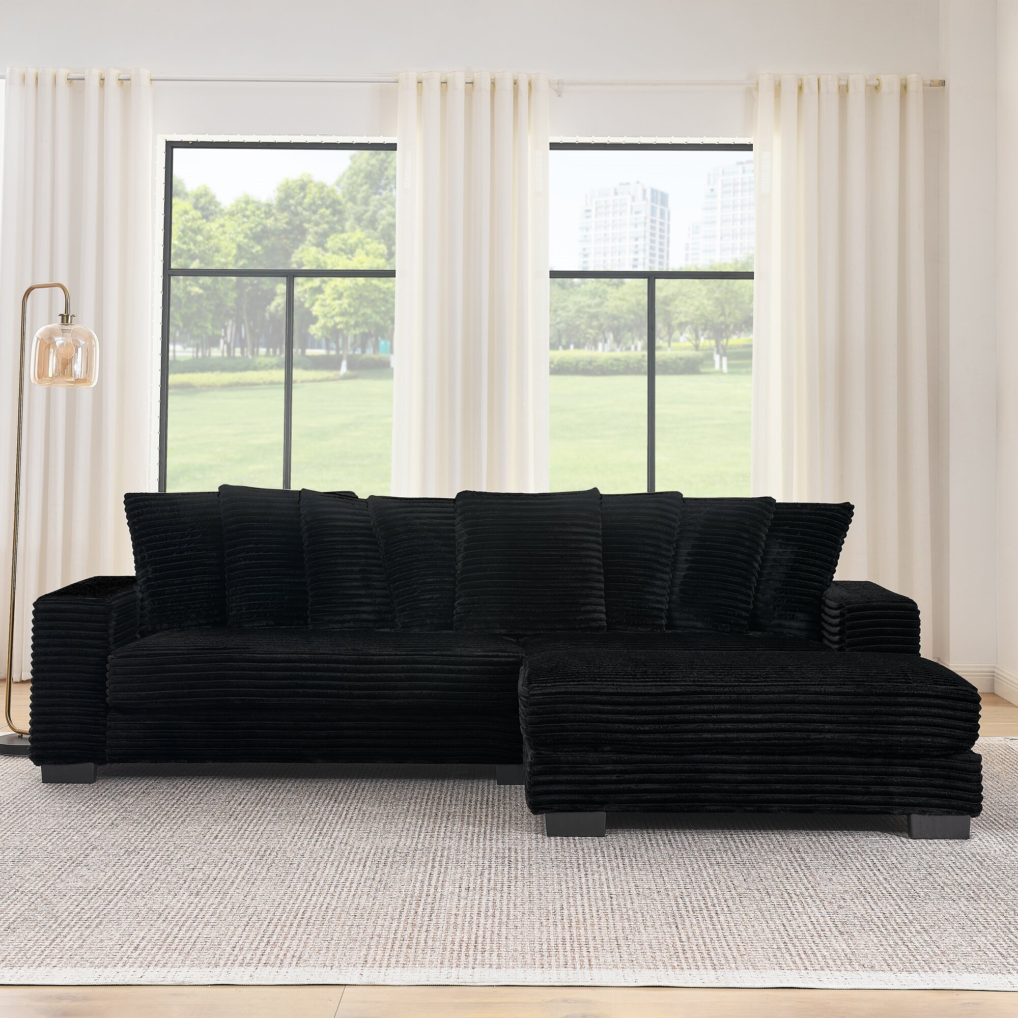 Corduroy Tufted Upholstered Sleeper Sectional Sofa, L-Shaped Modular Convertible Sofa , Can freely change the position of the footrests-Black(Assembly is required) - Image 3