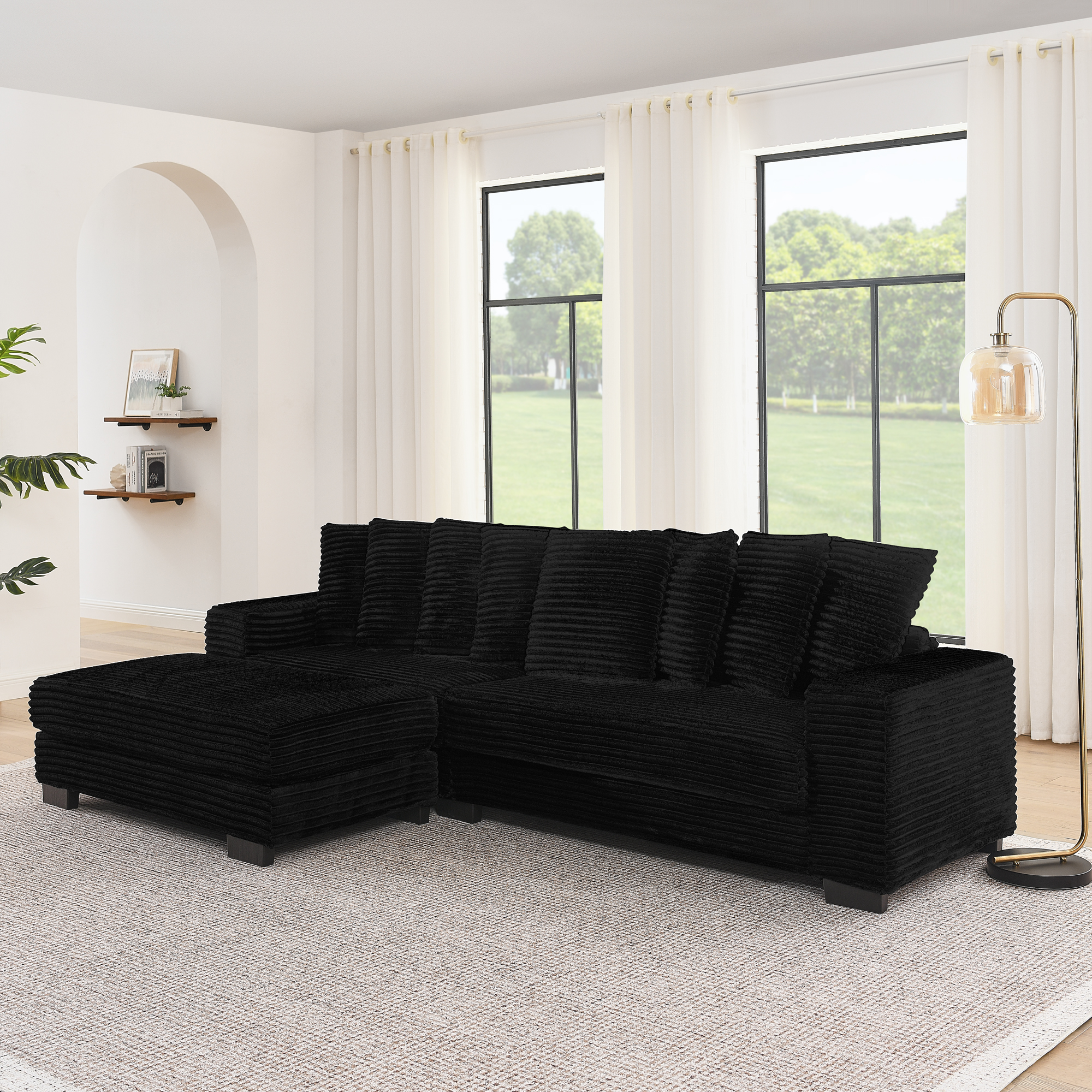 Corduroy Tufted Upholstered Sleeper Sectional Sofa, L-Shaped Modular Convertible Sofa , Can freely change the position of the footrests-Black(Assembly is required) - Image 4