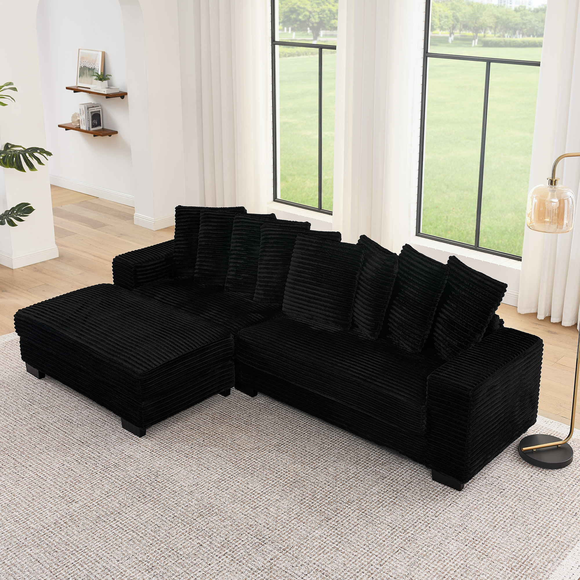 Corduroy Tufted Upholstered Sleeper Sectional Sofa, L-Shaped Modular Convertible Sofa , Can freely change the position of the footrests-Black(Assembly is required) - Image 5