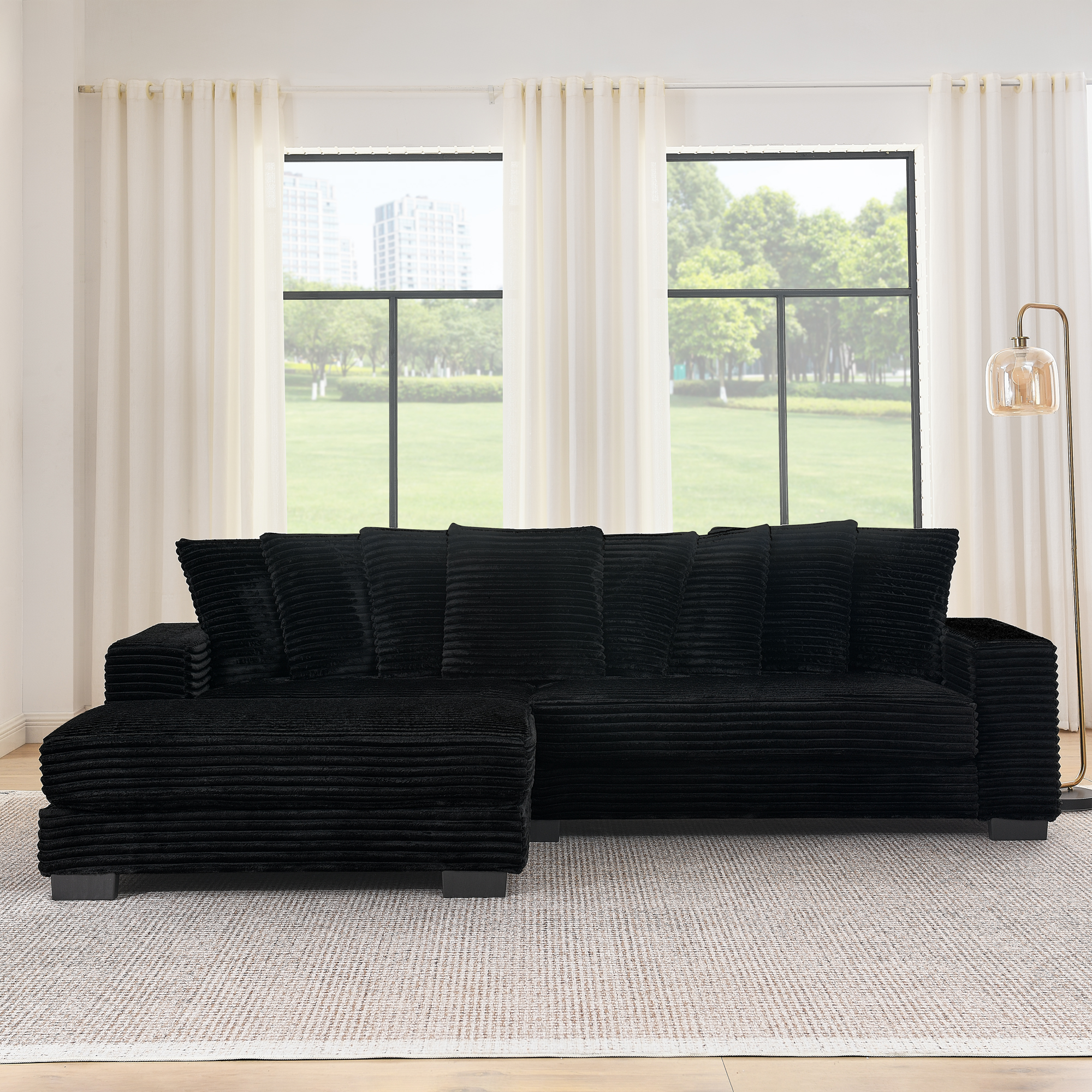 Corduroy Tufted Upholstered Sleeper Sectional Sofa, L-Shaped Modular Convertible Sofa , Can freely change the position of the footrests-Black(Assembly is required) - Image 6