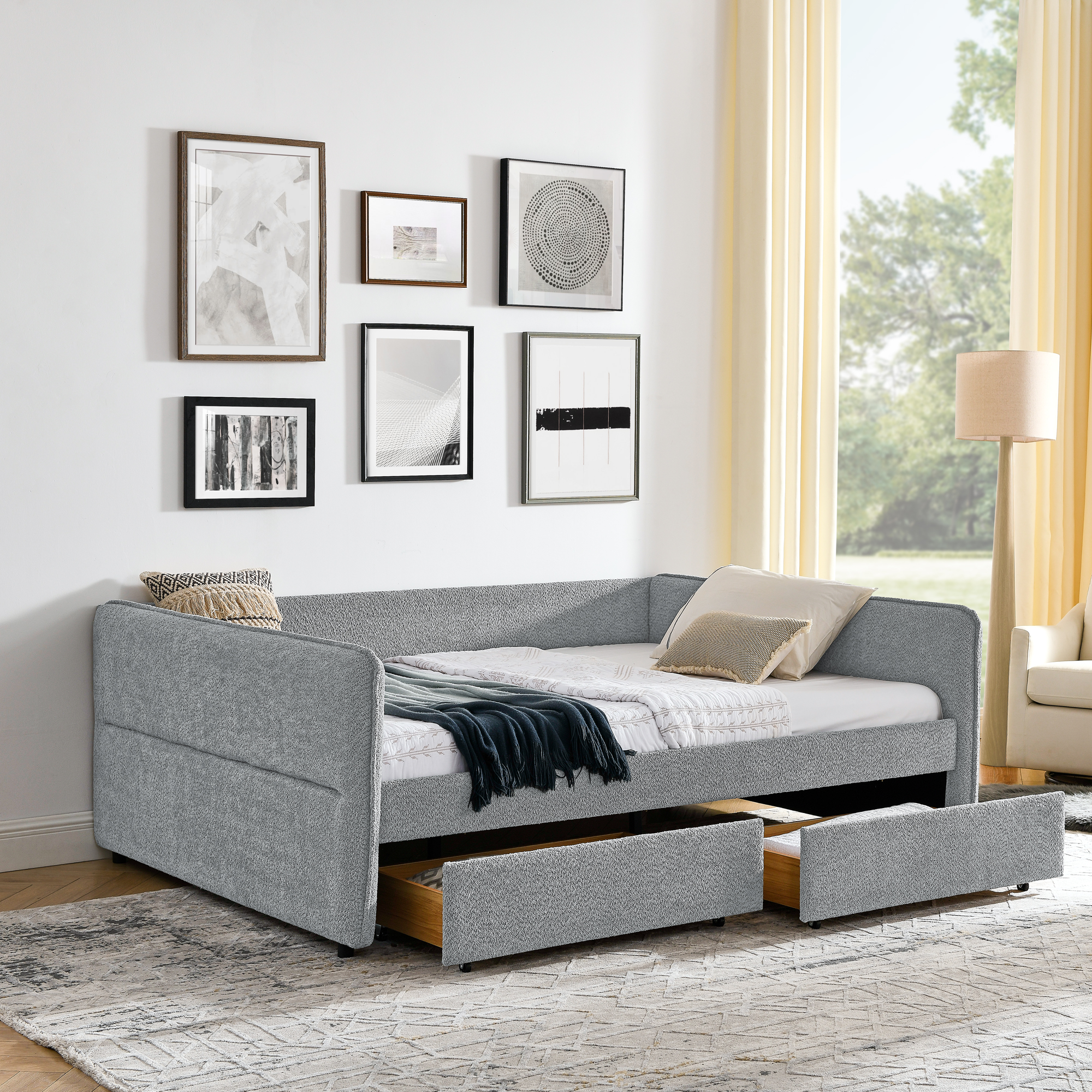Daybed with Trundle Upholstered Tufted Sofa Bed, with Two Drawers, Queen Size, Boucle Fabric, Grey(88"x65.5"x29.5") - Image 2