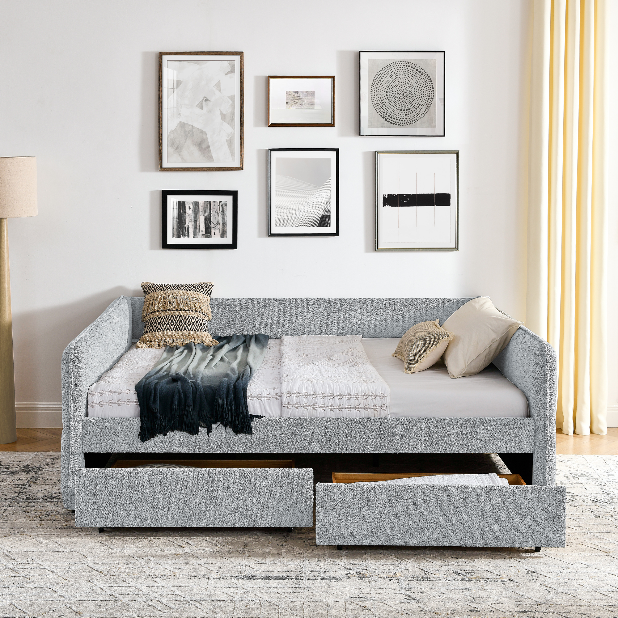 Daybed with Trundle Upholstered Tufted Sofa Bed, with Two Drawers, Queen Size, Boucle Fabric, Grey(88"x65.5"x29.5") - Image 3