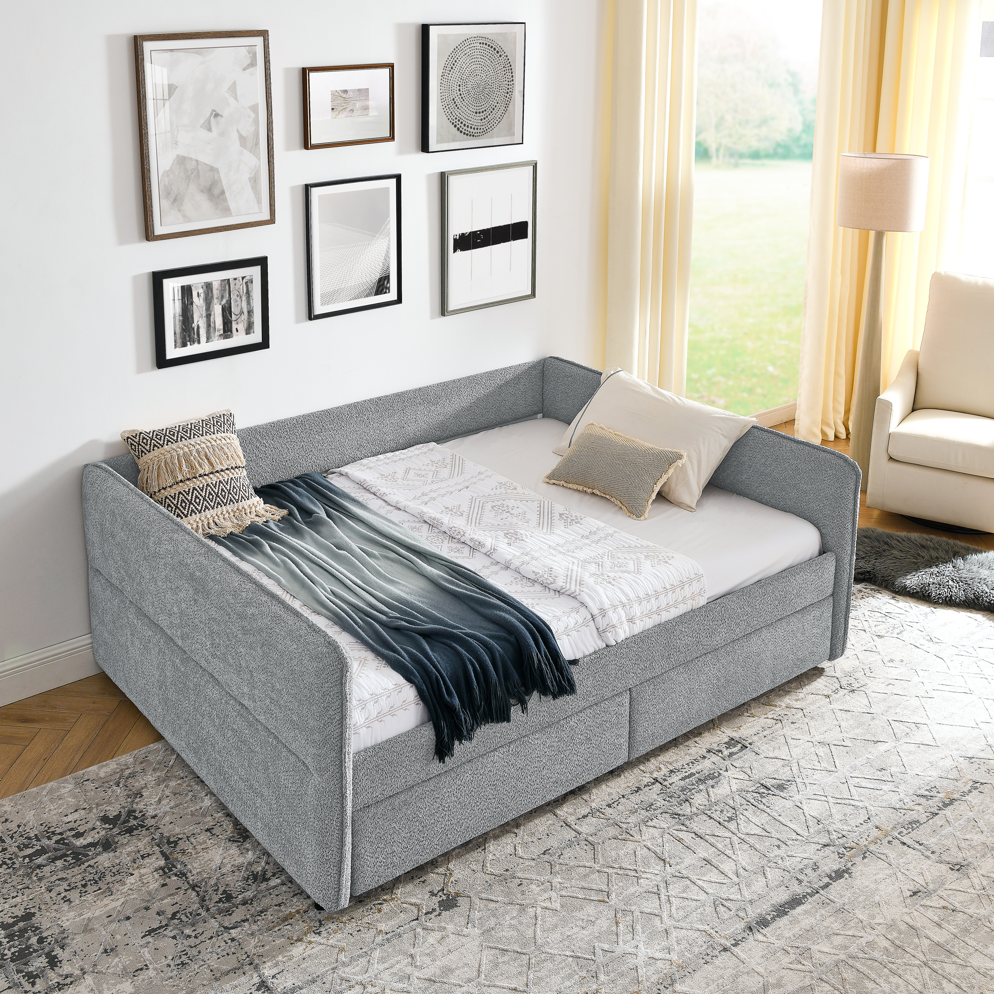Daybed with Trundle Upholstered Tufted Sofa Bed, with Two Drawers, Queen Size, Boucle Fabric, Grey(88"x65.5"x29.5") - Image 4