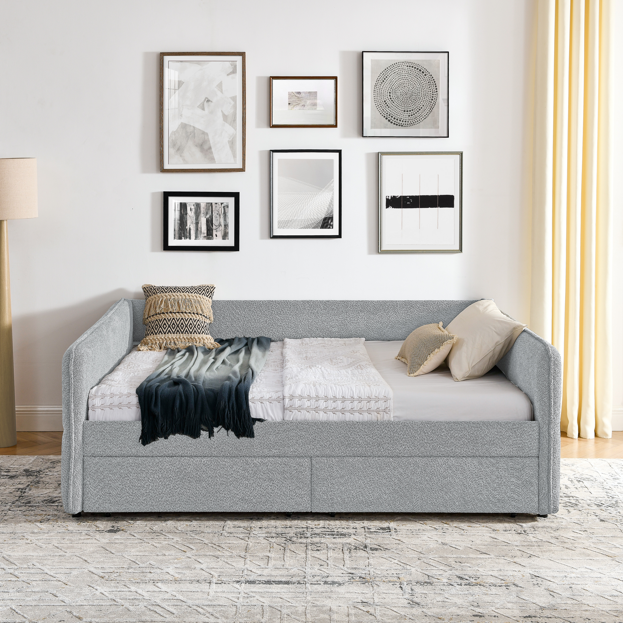 Daybed with Trundle Upholstered Tufted Sofa Bed, with Two Drawers, Queen Size, Boucle Fabric, Grey(88"x65.5"x29.5") - Image 5