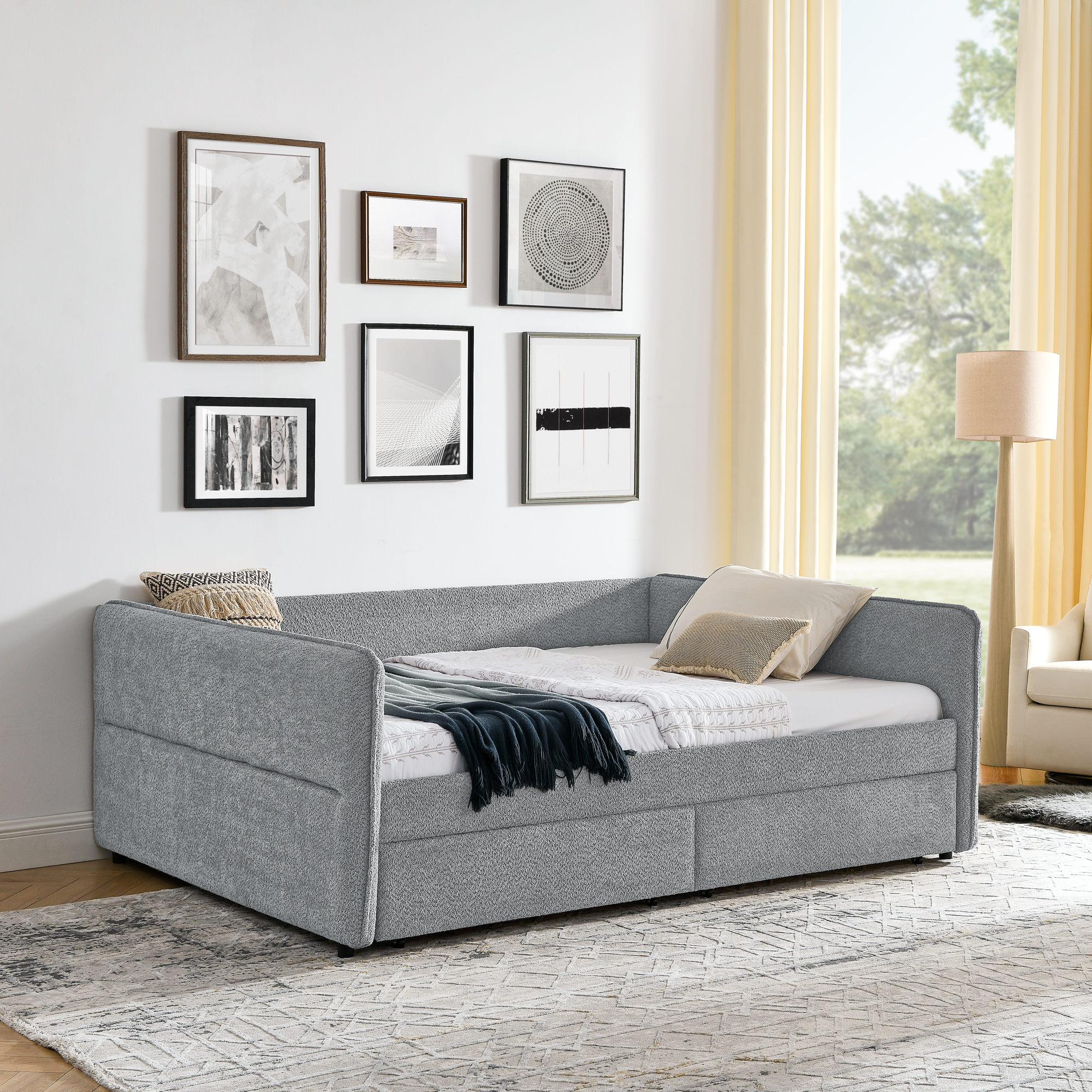 Daybed with Trundle Upholstered Tufted Sofa Bed, with Two Drawers, Queen Size, Boucle Fabric, Grey(88"x65.5"x29.5") - Image 6