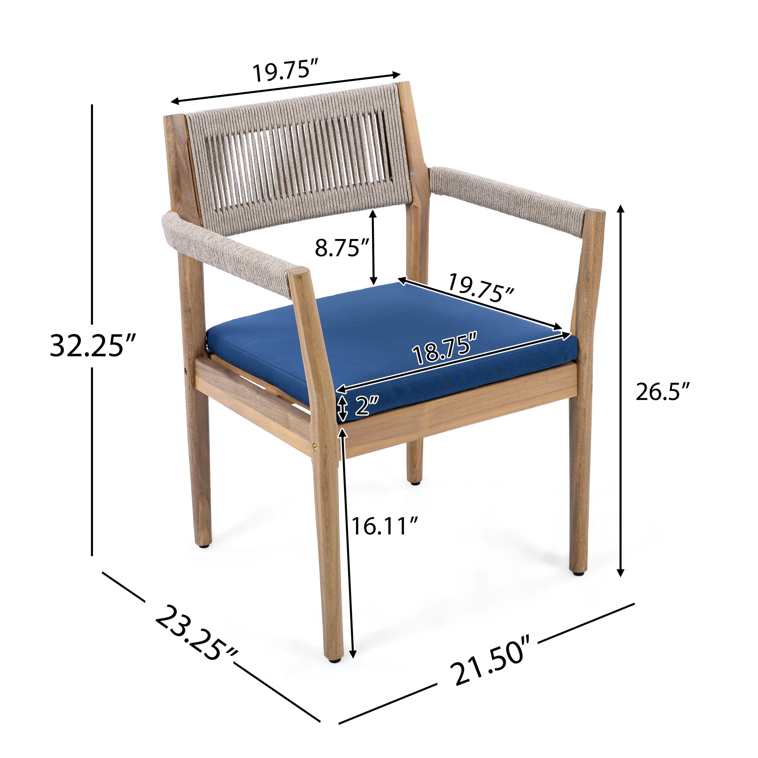 Braided Acacia Wood Outdoor Dining Chairs Set of 4 – Teak Look with Beige Rope & Navy Cushions,All-Weather Patio Furniture for Garden, Poolside, and Backyard (Durable & Stylish) - Image 2