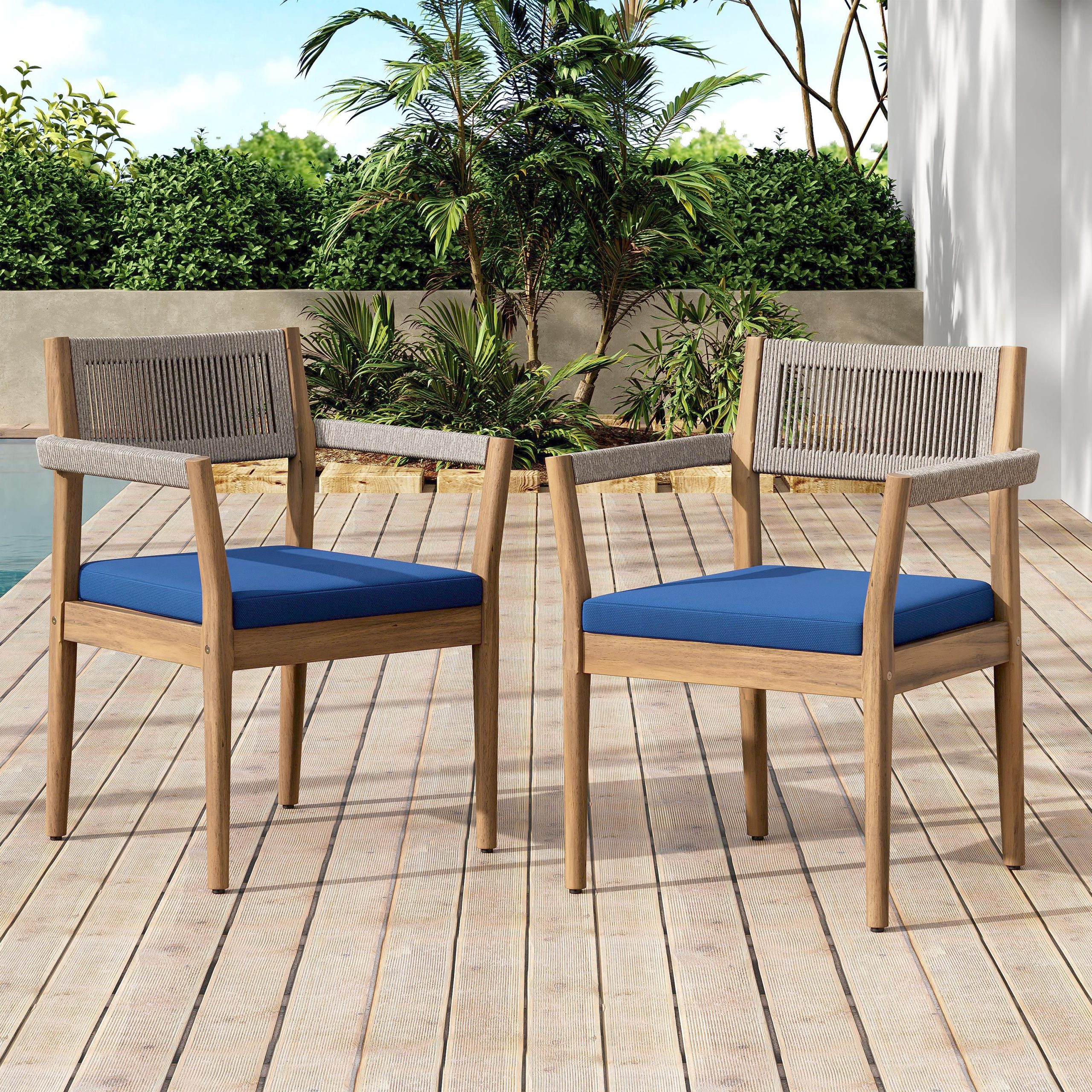 Braided Acacia Wood Outdoor Dining Chairs Set of 4 – Teak Look with Beige Rope & Navy Cushions,All-Weather Patio Furniture for Garden, Poolside, and Backyard (Durable & Stylish) - Image 4