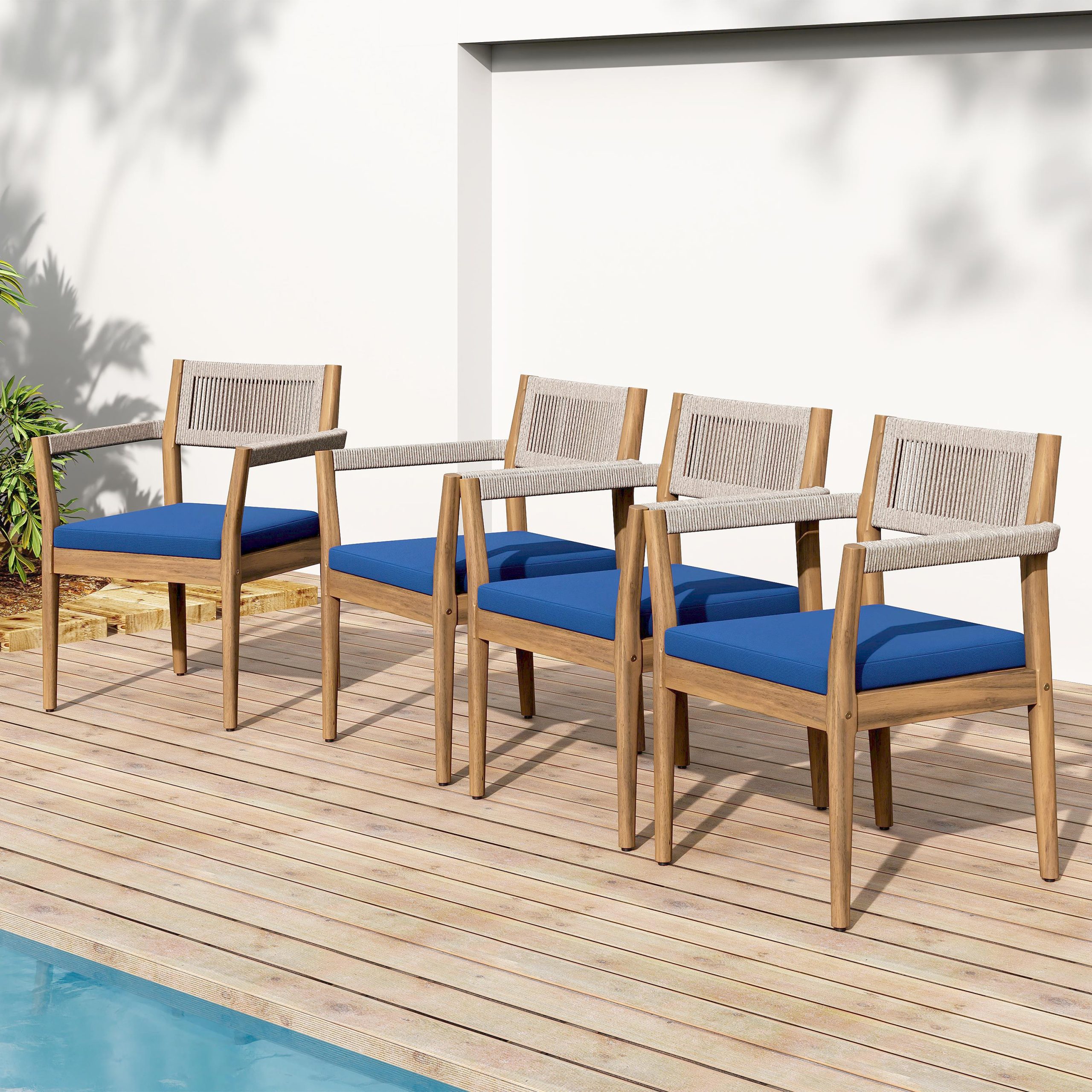 Braided Acacia Wood Outdoor Dining Chairs Set of 4 – Teak Look with Beige Rope & Navy Cushions,All-Weather Patio Furniture for Garden, Poolside, and Backyard (Durable & Stylish) - Image 5