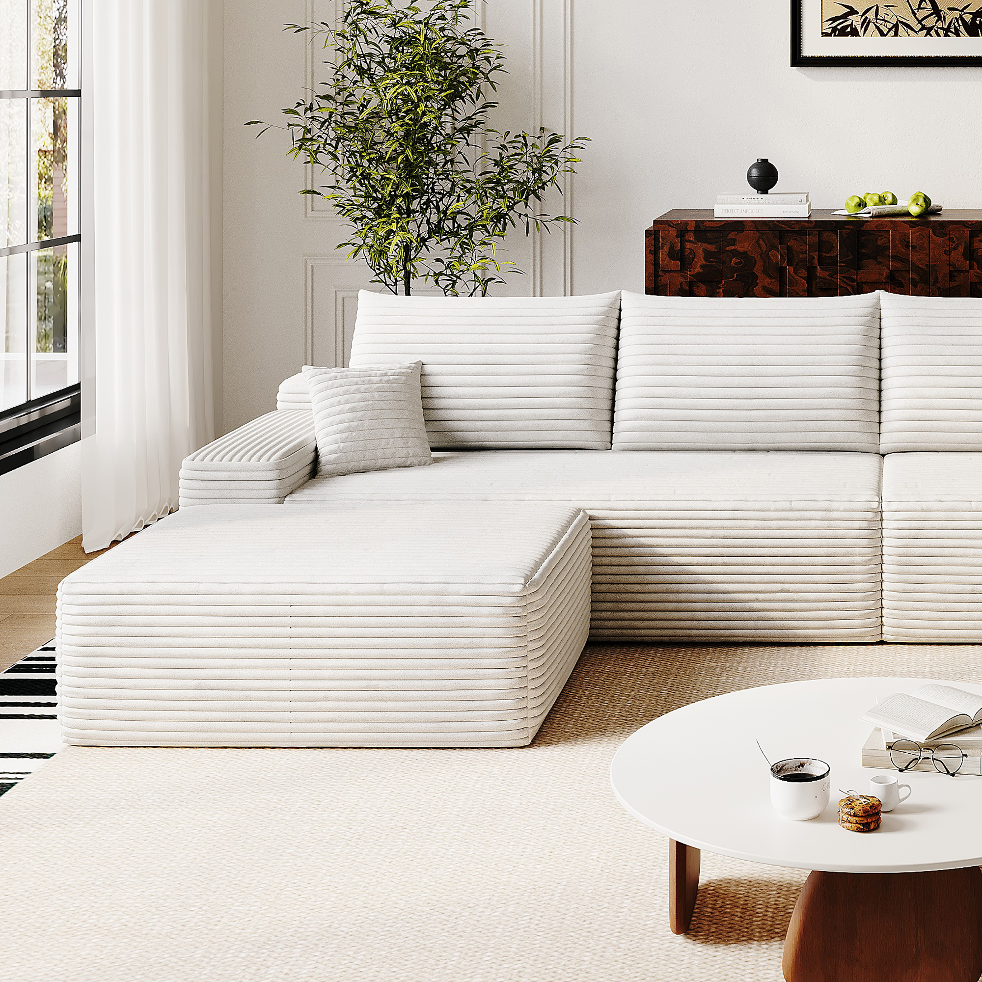 37.40"Sofa ottoman ,No Assembly Required,White(Plush Corduroy Fabric) - Image 5