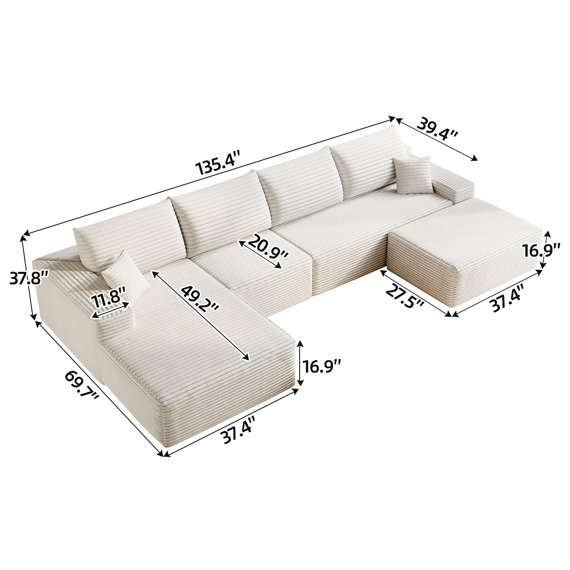 135" Cloud Sectional Sofa with 1 Ottoman,Modern Minimalist Upholstered Couches, Comfort U Shaped Sofa for Living Room,Deep Seat Corner Couch,No Assembly Required,Black (Plush Corduroy Fabric),White - Image 5
