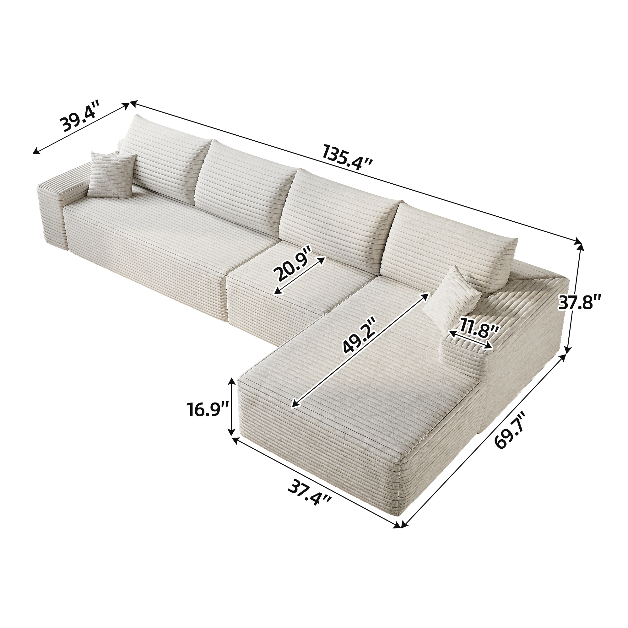 135" Cloud Sectional Couch with L-Shape Chaise,Modern Modular Sofa with Deep Seat, Upholstered Couches for Living Room Bedroom,No Assembly Required, (Plush Corduroy Fabric),White - Image 5