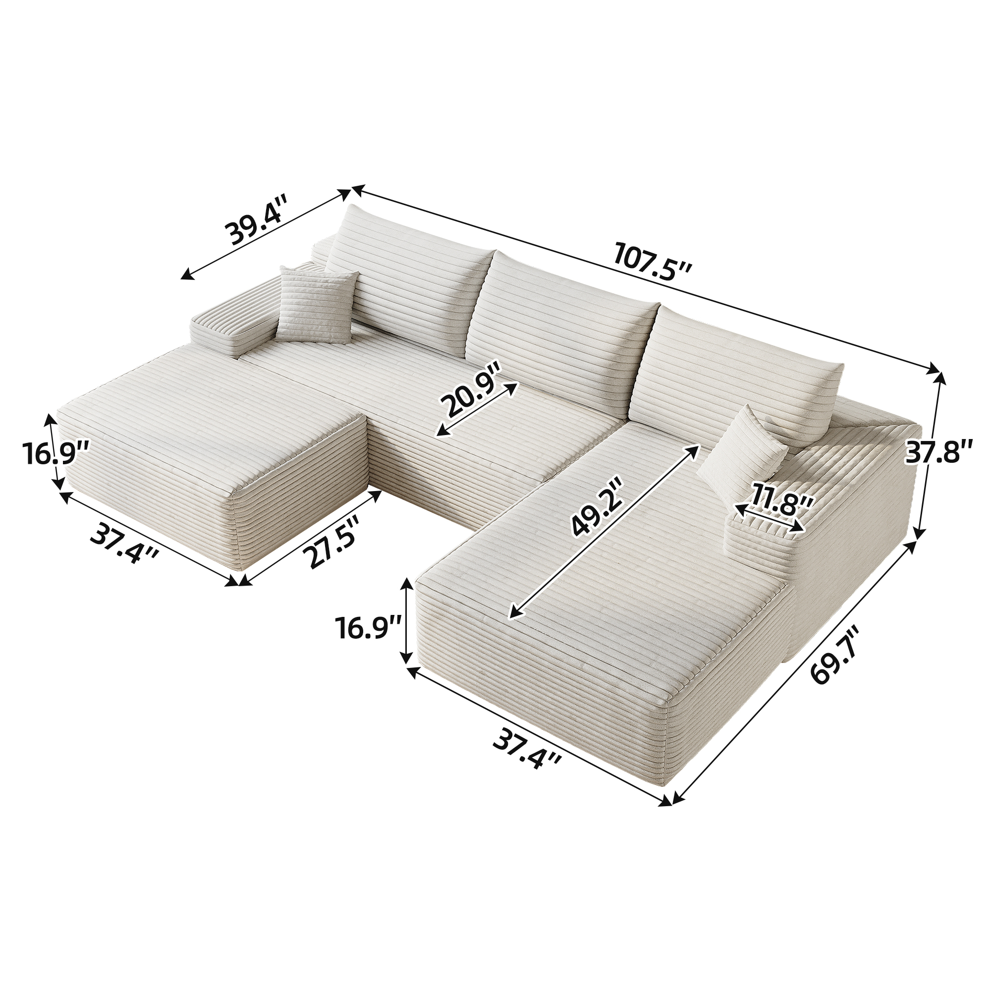 107" Cloud Sectional Sofa with 1 Ottoman,Modern Minimalist Upholstered Couches, Comfort U Shaped Sofa for Living Room,Deep Seat Corner Couch,No Assembly Required (Plush Corduroy Fabric),White - Image 5