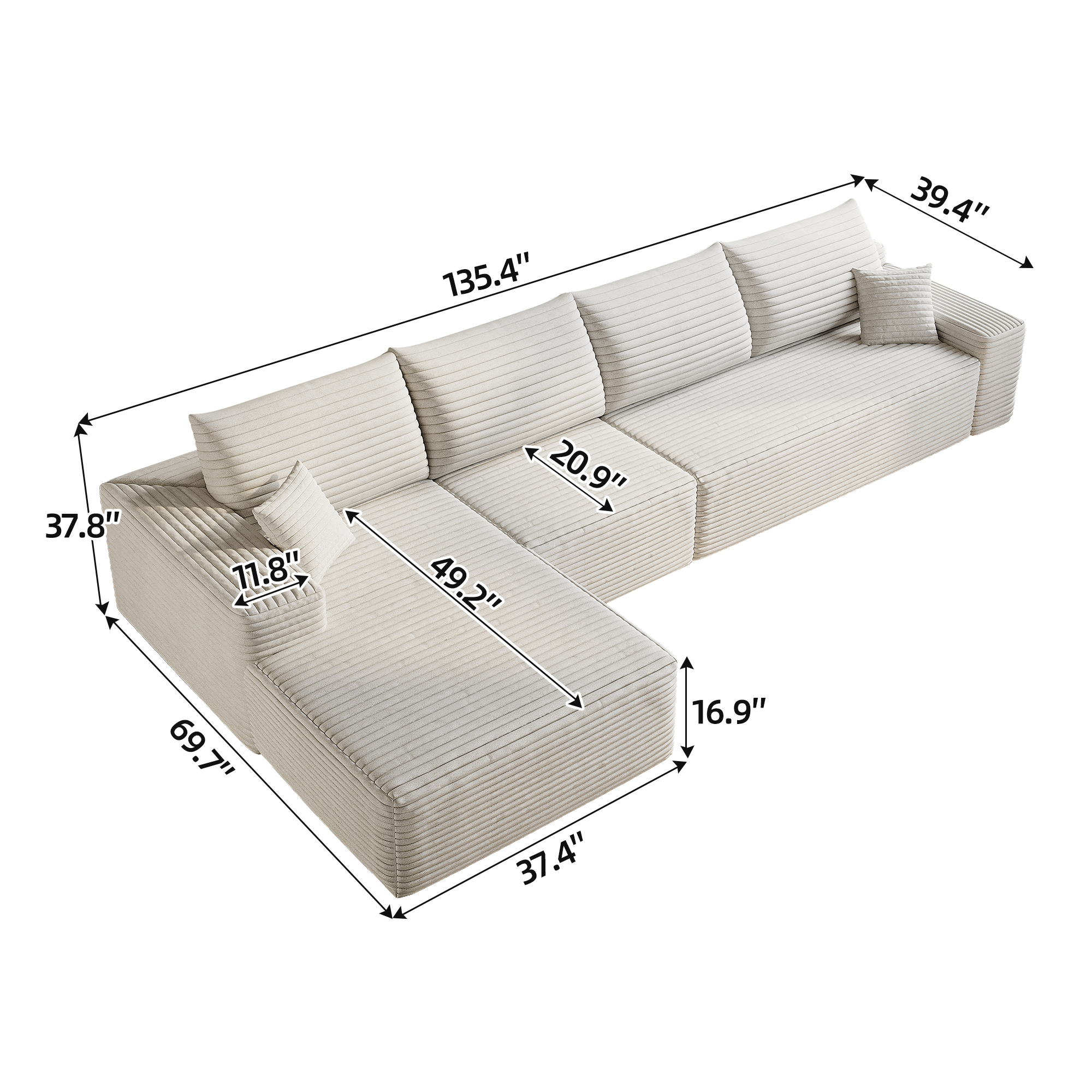 135" Cloud Sectional Couch with L-Shape Chaise,Modern Modular Sofa with Deep Seat, Upholstered Couches for Living Room Bedroom,No Assembly Required, (Plush Corduroy Fabric),White - Image 5