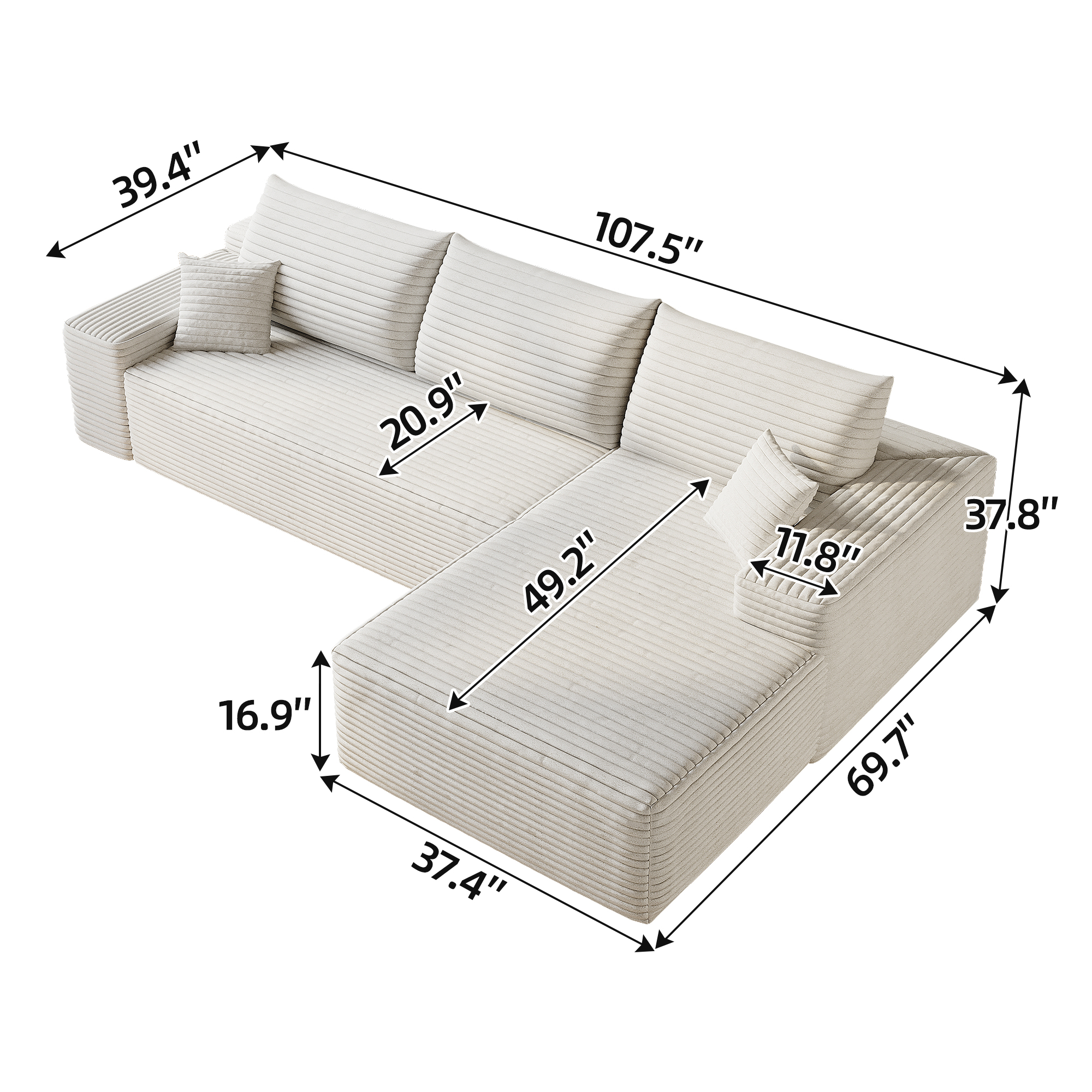 107" Cloud Sectional Couch with L-Shape Chaise,Modern Modular Sofa with Deep Seat, Upholstered Couches for Living Room Bedroom,No Assembly Required, (Plush Corduroy Fabric),White - Image 5